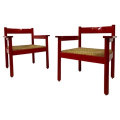 Vintage Pair of Italian Red Armchairs with Rush Seats