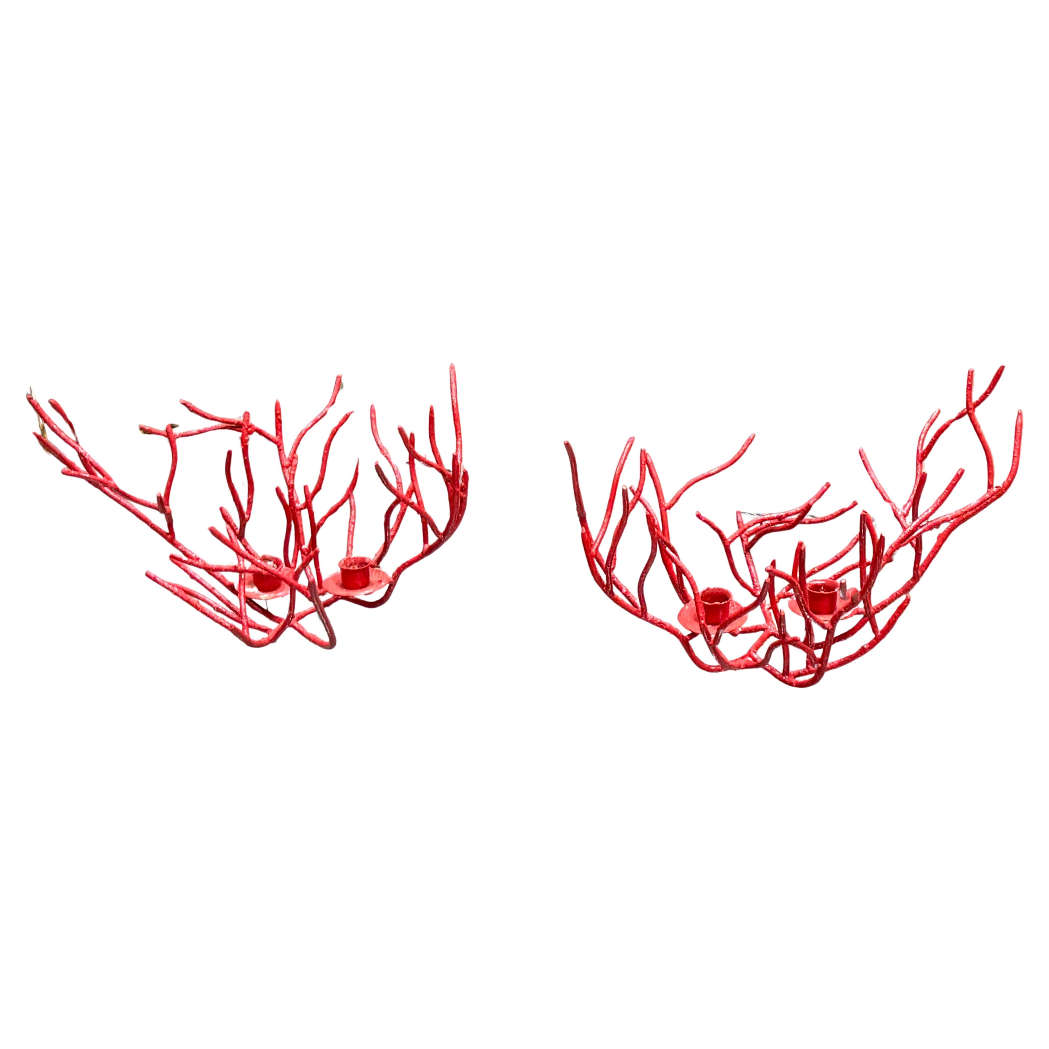 Pair of Italian Red Coral-Form Tole Candlesticks in the Style of Tony Duquette