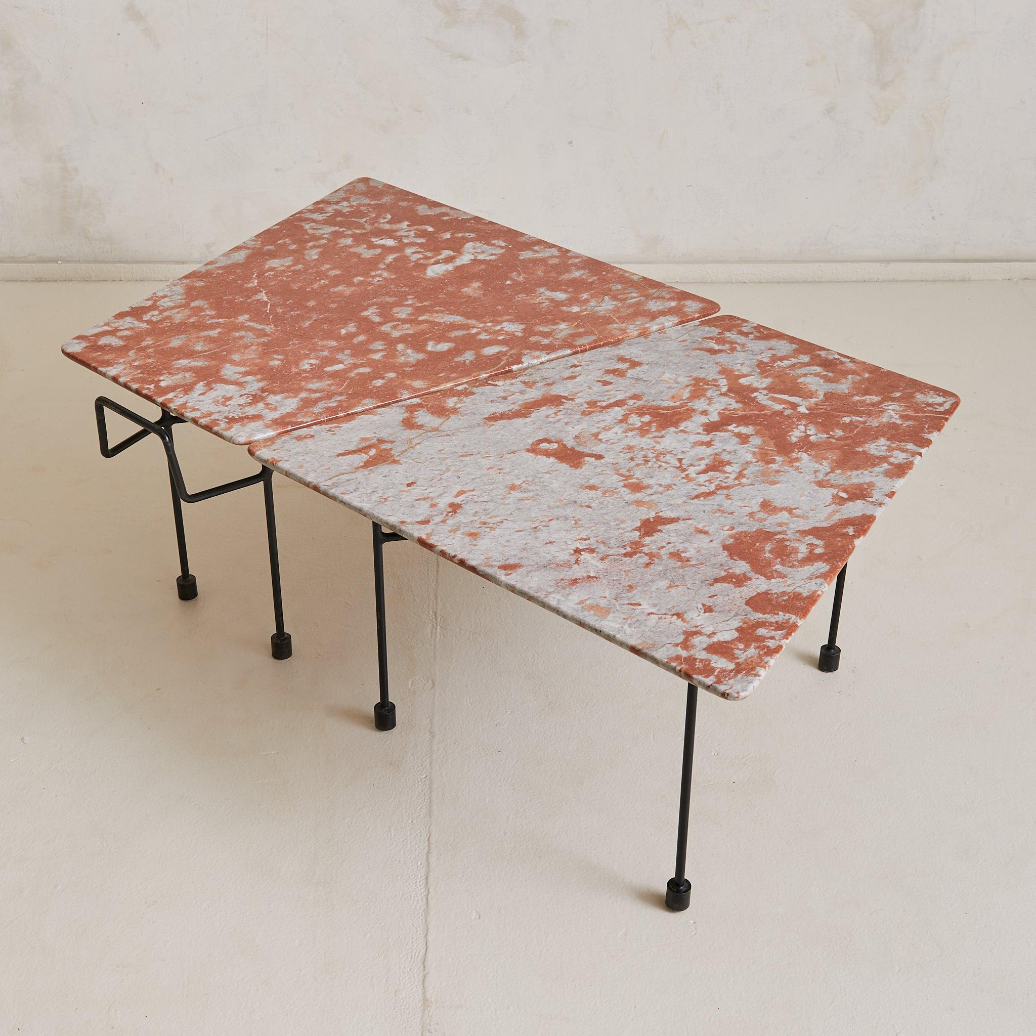 Pair of Italian Red Marble + Iron Asymmetrical Coffee Tables, 1950s mediados del siglo XX en venta