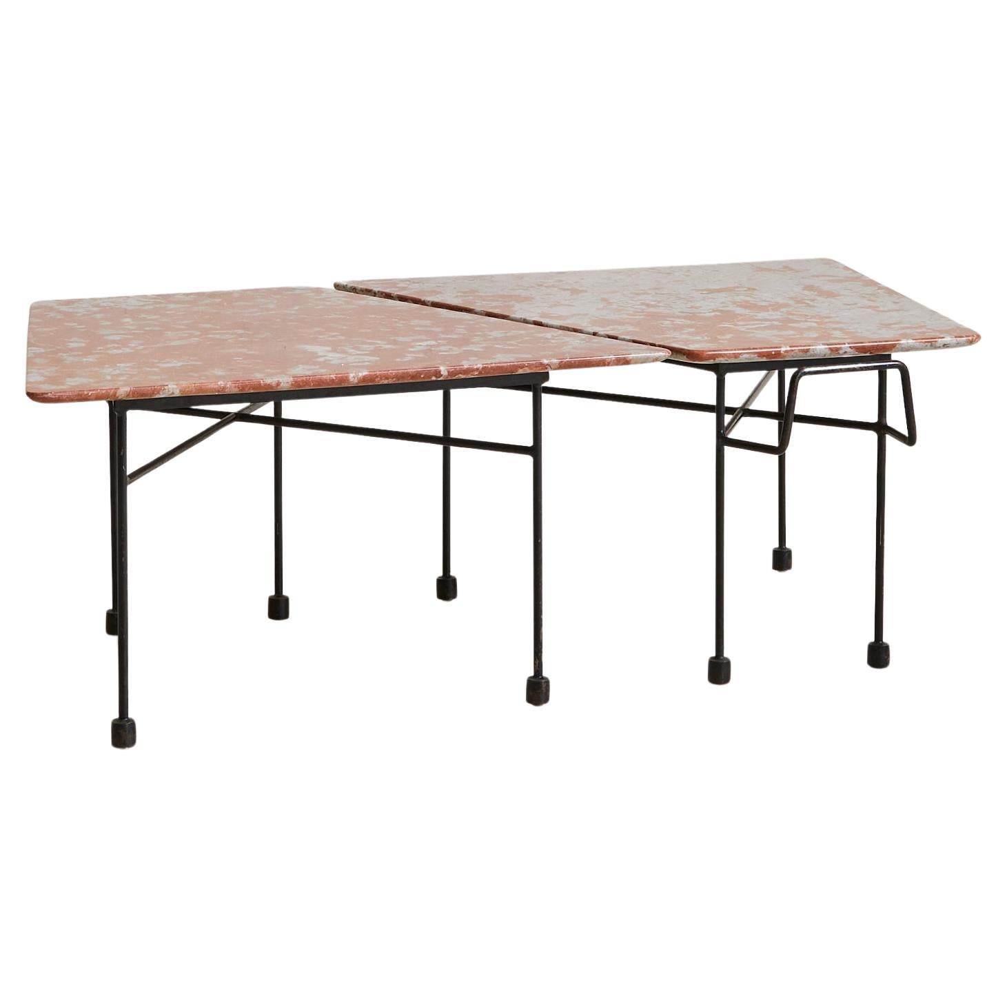 Pair of Italian Red Marble + Iron Asymmetrical Coffee Tables, 1950s en venta