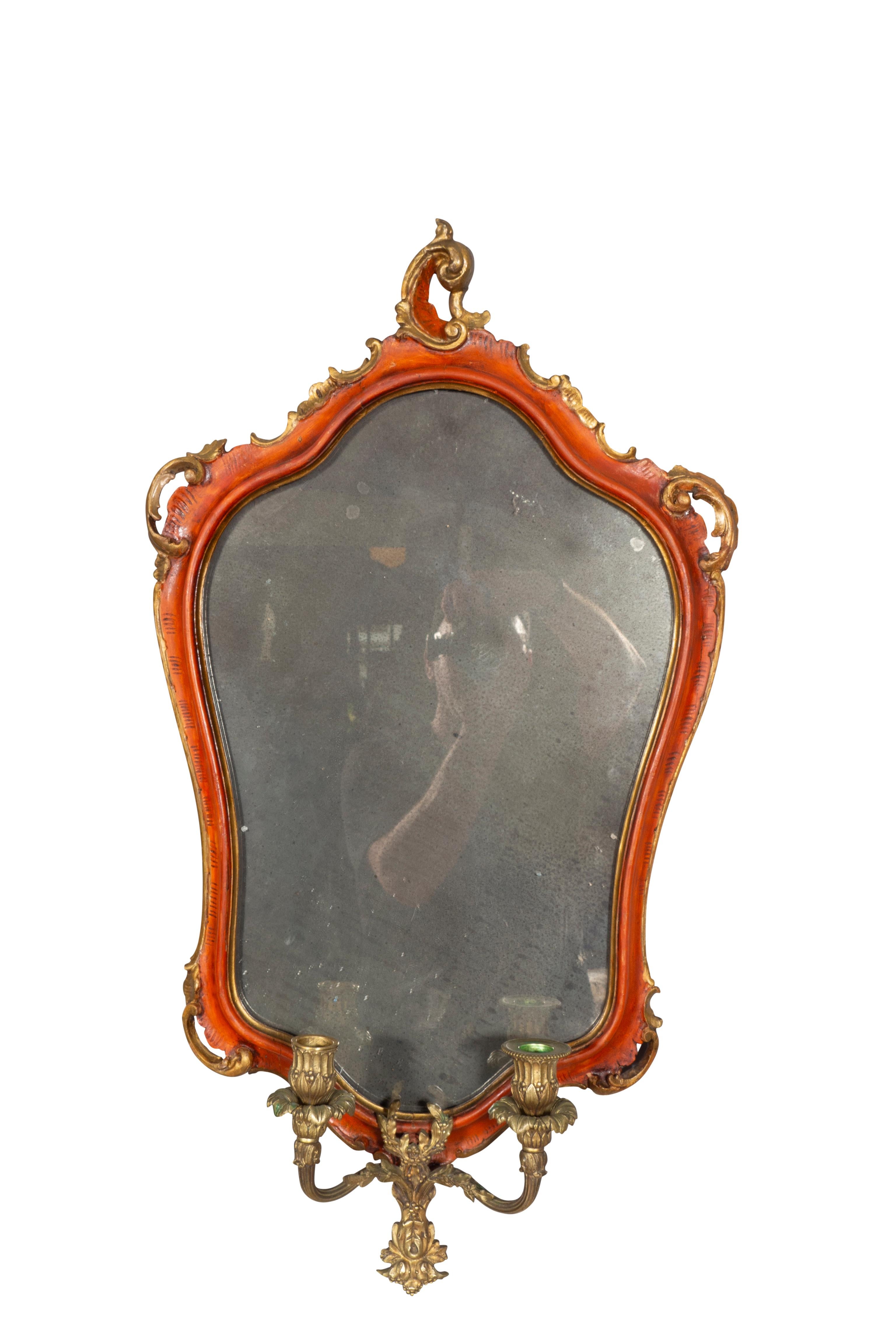 Rococo Revival Pair Of Italian Red Painted Girandole Mirrors For Sale