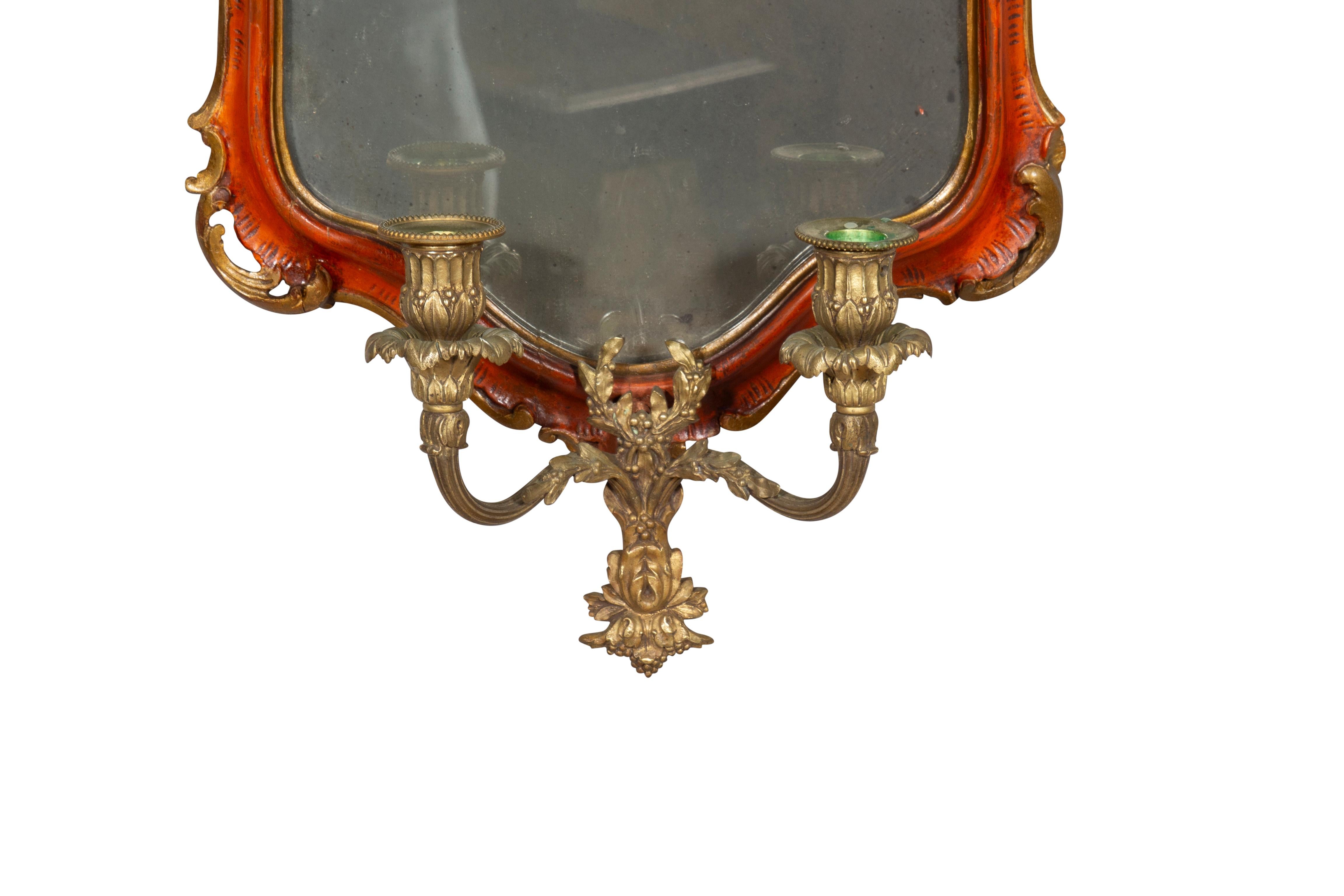 Pair Of Italian Red Painted Girandole Mirrors In Good Condition For Sale In Essex, MA
