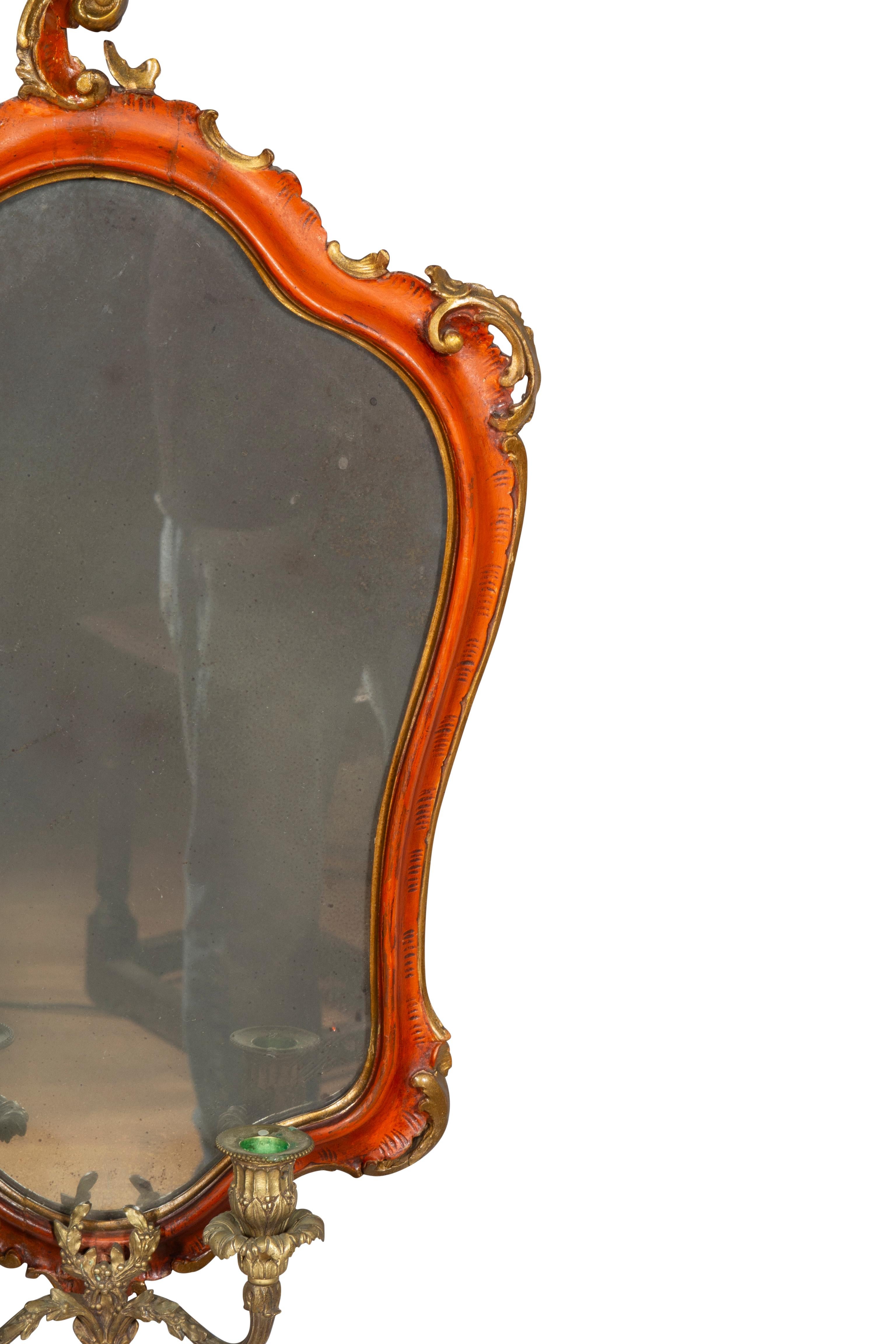 Bronze Pair Of Italian Red Painted Girandole Mirrors For Sale
