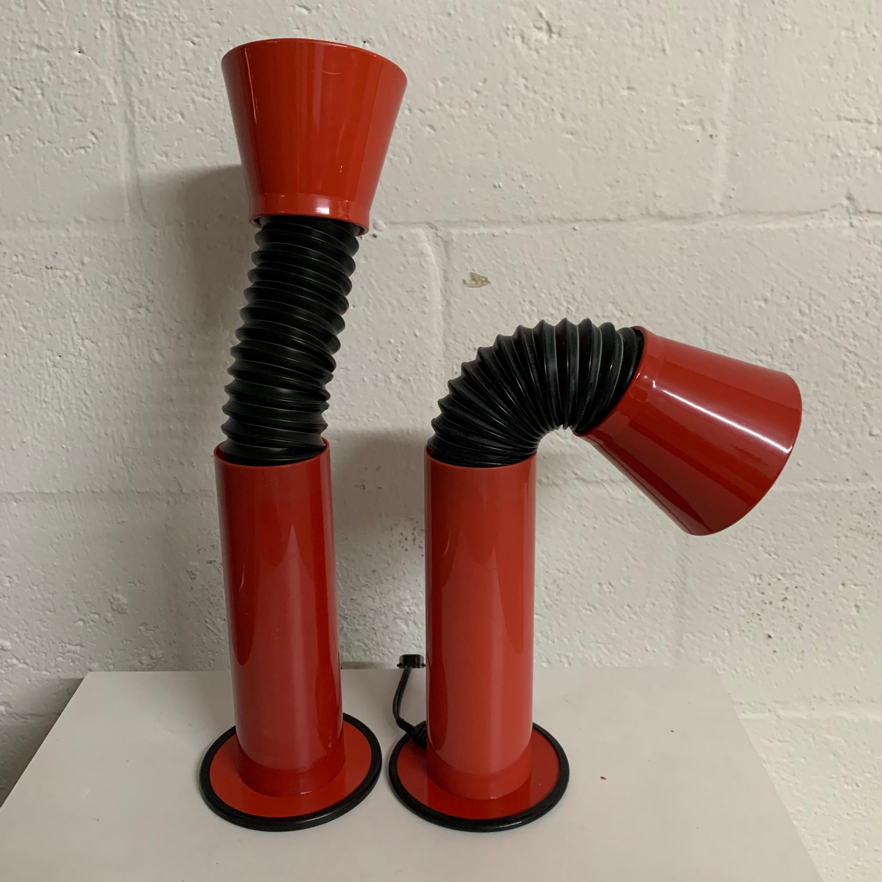Painted Pair of Italian Red Postmodern Gooseneck Adjustable Table Desk or Task Lamps