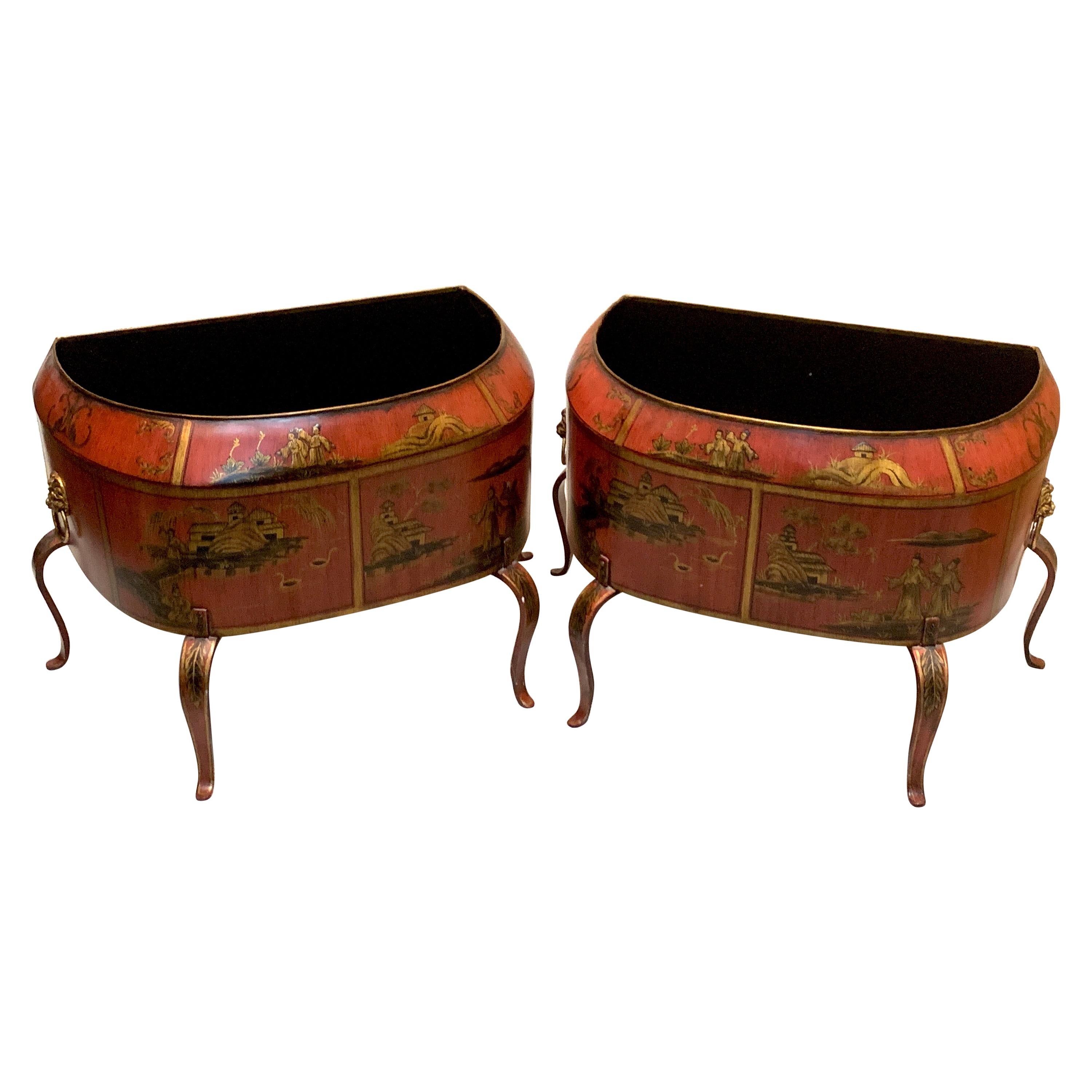 Pair of Italian Red Tole Chinoiserie Gilt Decorated Floor Planters For Sale