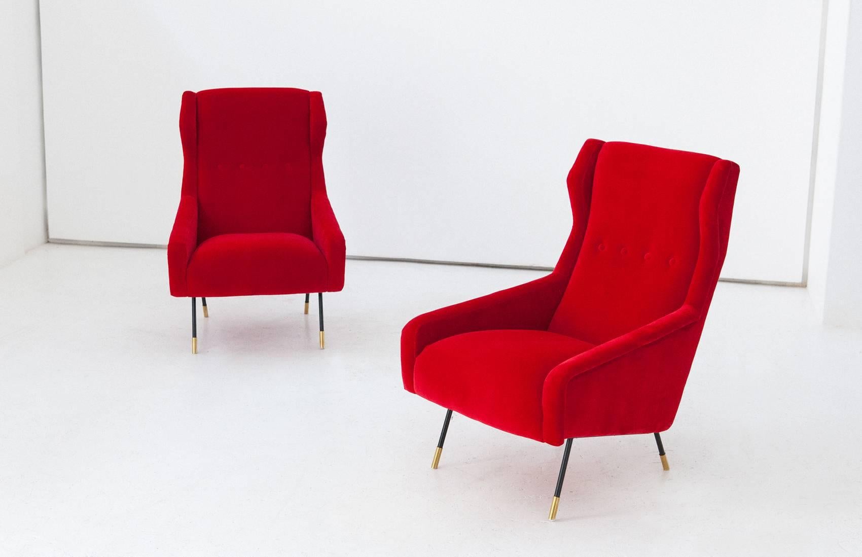 Pair of Italian Red Velvet Brass and Iron Lounge Chairs, 1950s 5