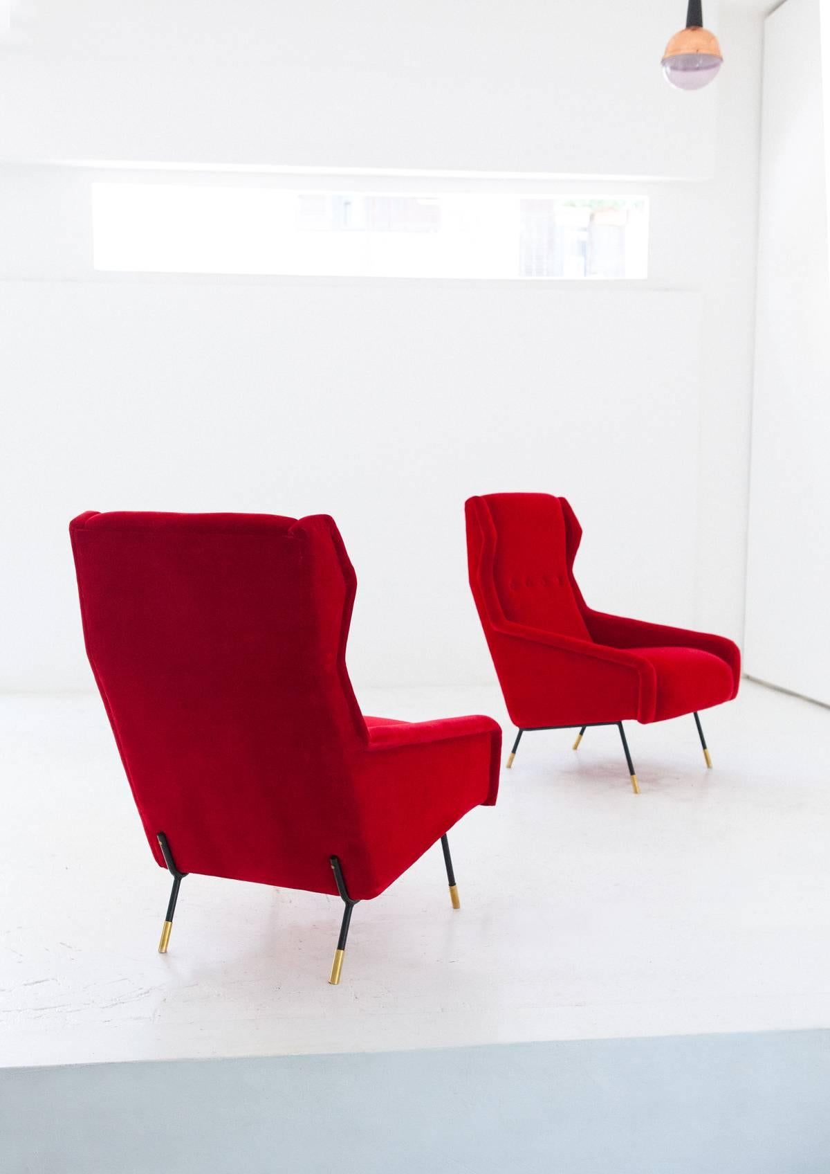 Pair of Italian Red Velvet Brass and Iron Lounge Chairs, 1950s 7