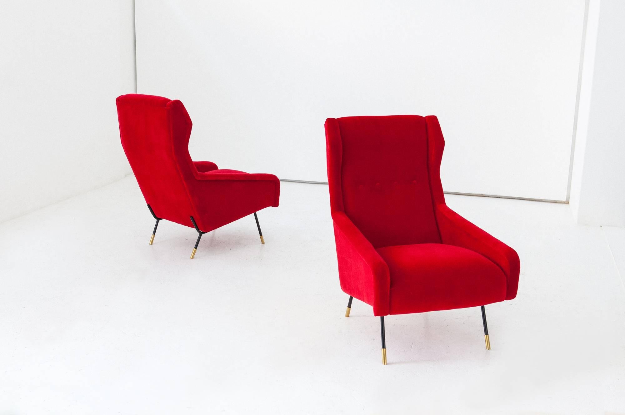 Mid-Century Modern Pair of Italian Red Velvet Brass and Iron Lounge Chairs, 1950s