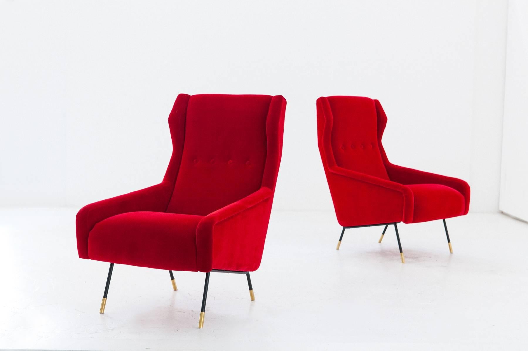 Pair of Italian Red Velvet Brass and Iron Lounge Chairs, 1950s In Excellent Condition In Rome, IT