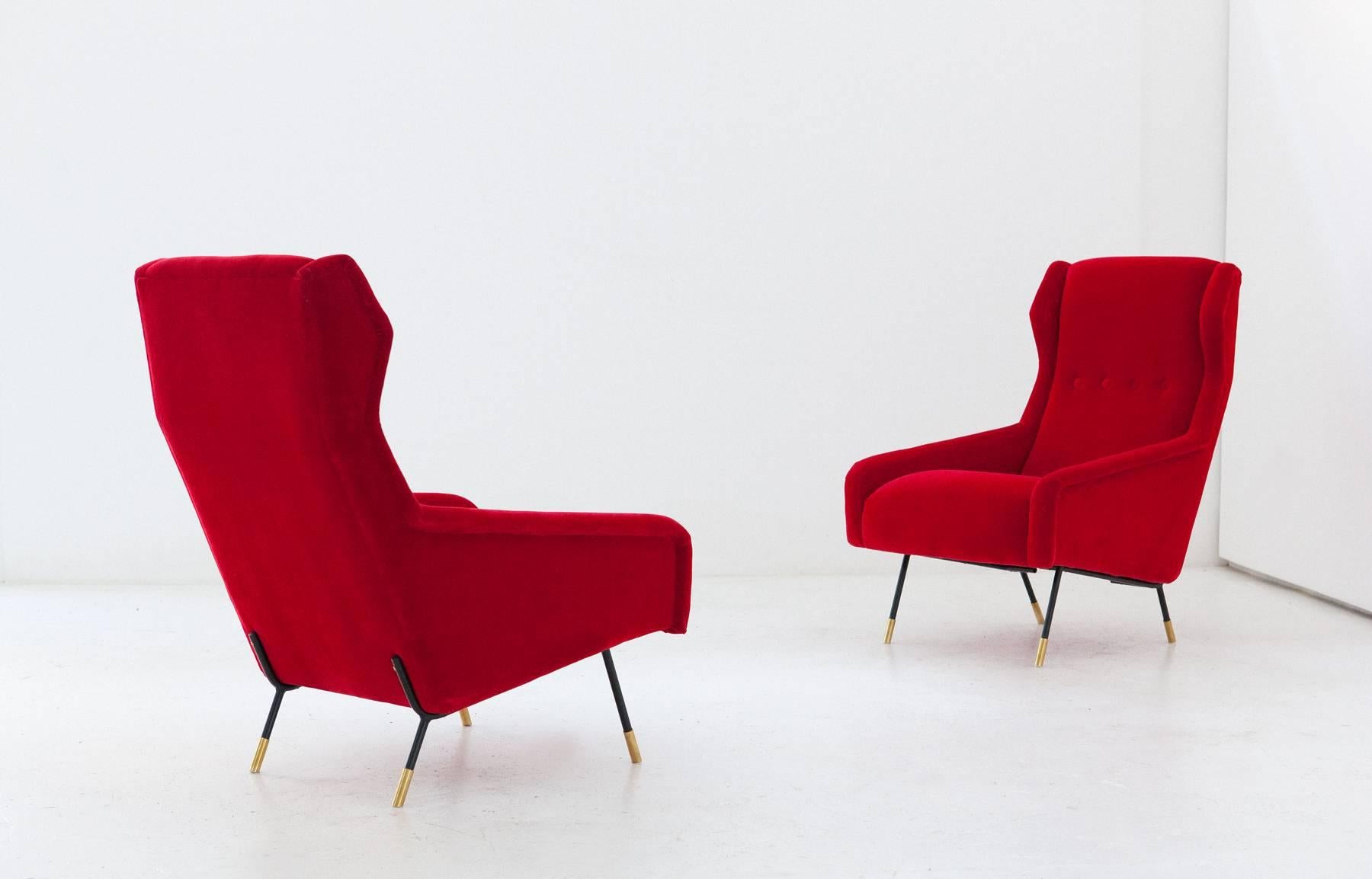 Pair of Italian Red Velvet Brass and Iron Lounge Chairs, 1950s 1