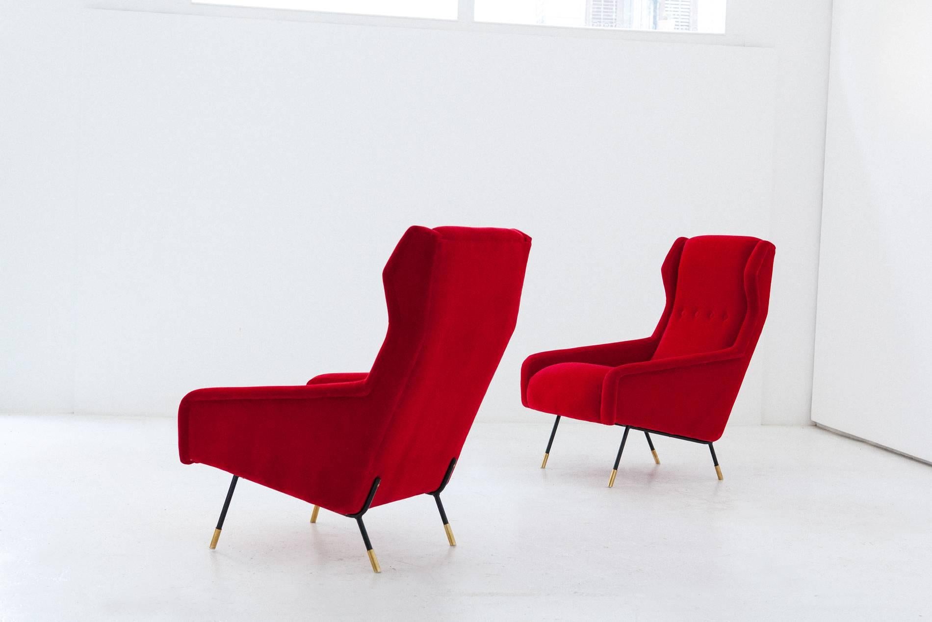 Pair of Italian Red Velvet Brass and Iron Lounge Chairs, 1950s 4