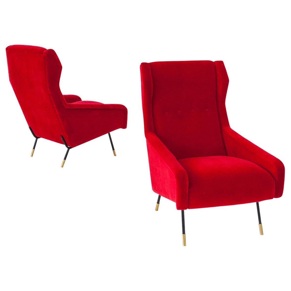Pair of Italian Red Velvet Brass and Iron Lounge Chairs, 1950s