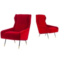 Vintage Pair of Italian Red Velvet Brass and Iron Lounge Chairs, 1950s