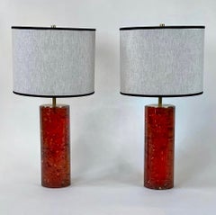Pair of Italian Reddish Amber Fractal Resin Table Lamps w/Brass Details & Shades