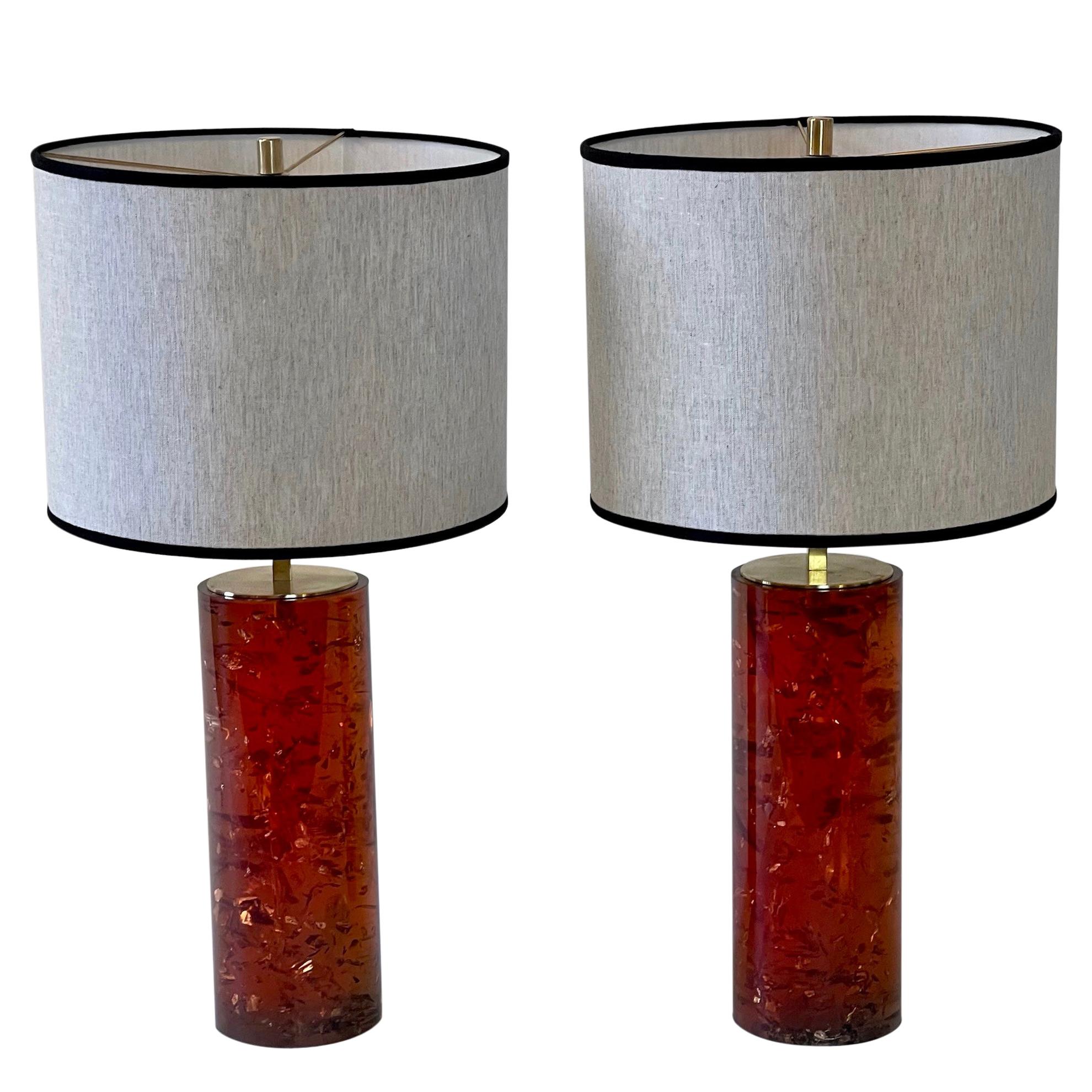 Pair of Italian Reddish Amber Fractal Resin Table Lamps w/Brass Details & Shades