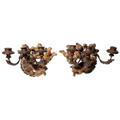 Pair of Italian Redware Sconces with Three Putti Figures