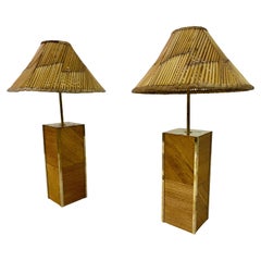 Pair of Italian Reeded Bamboo and Brass Table Lamps