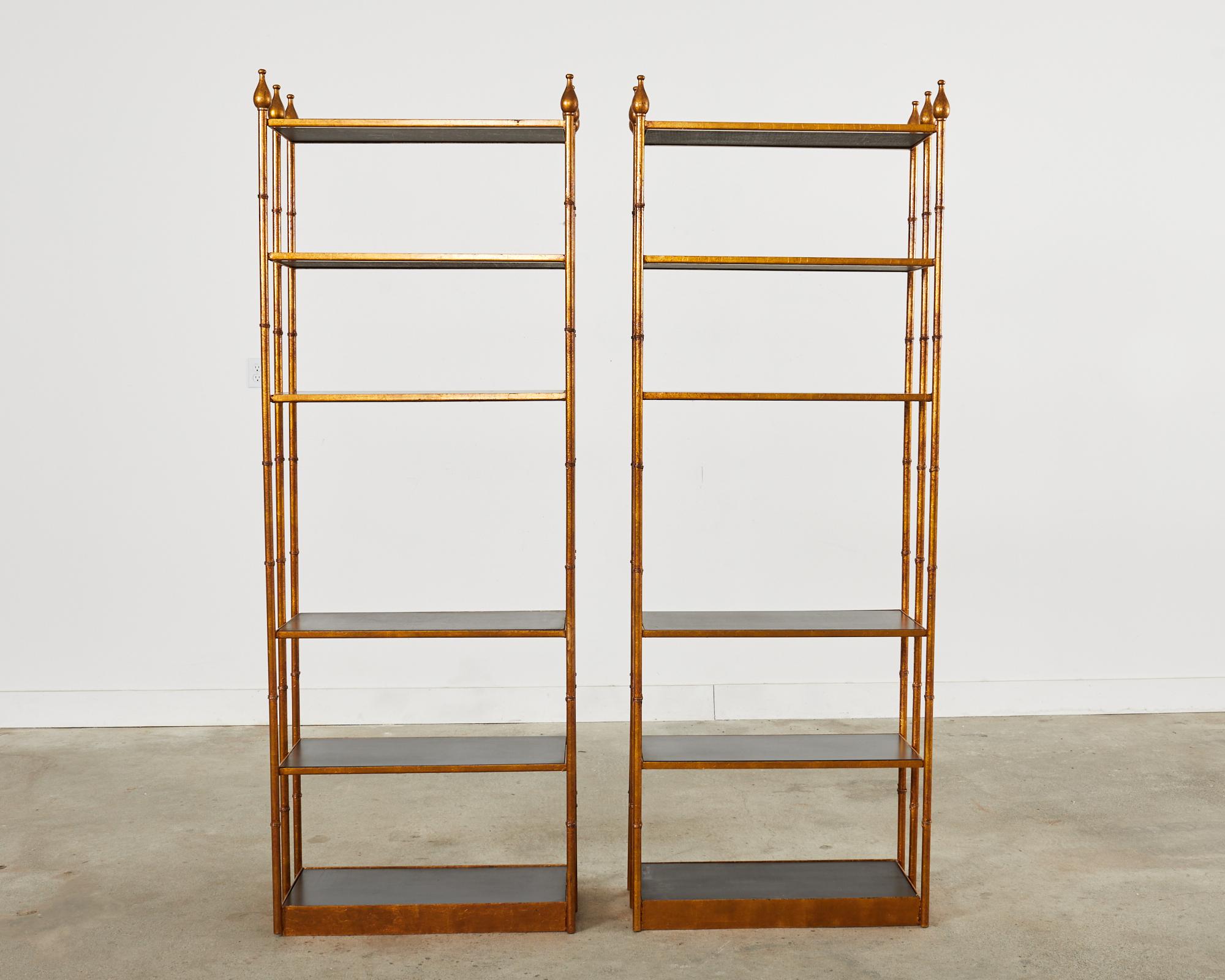 Hollywood Regency Pair of Italian Regency Faux Bamboo Iron Etagere Display Shelves  For Sale
