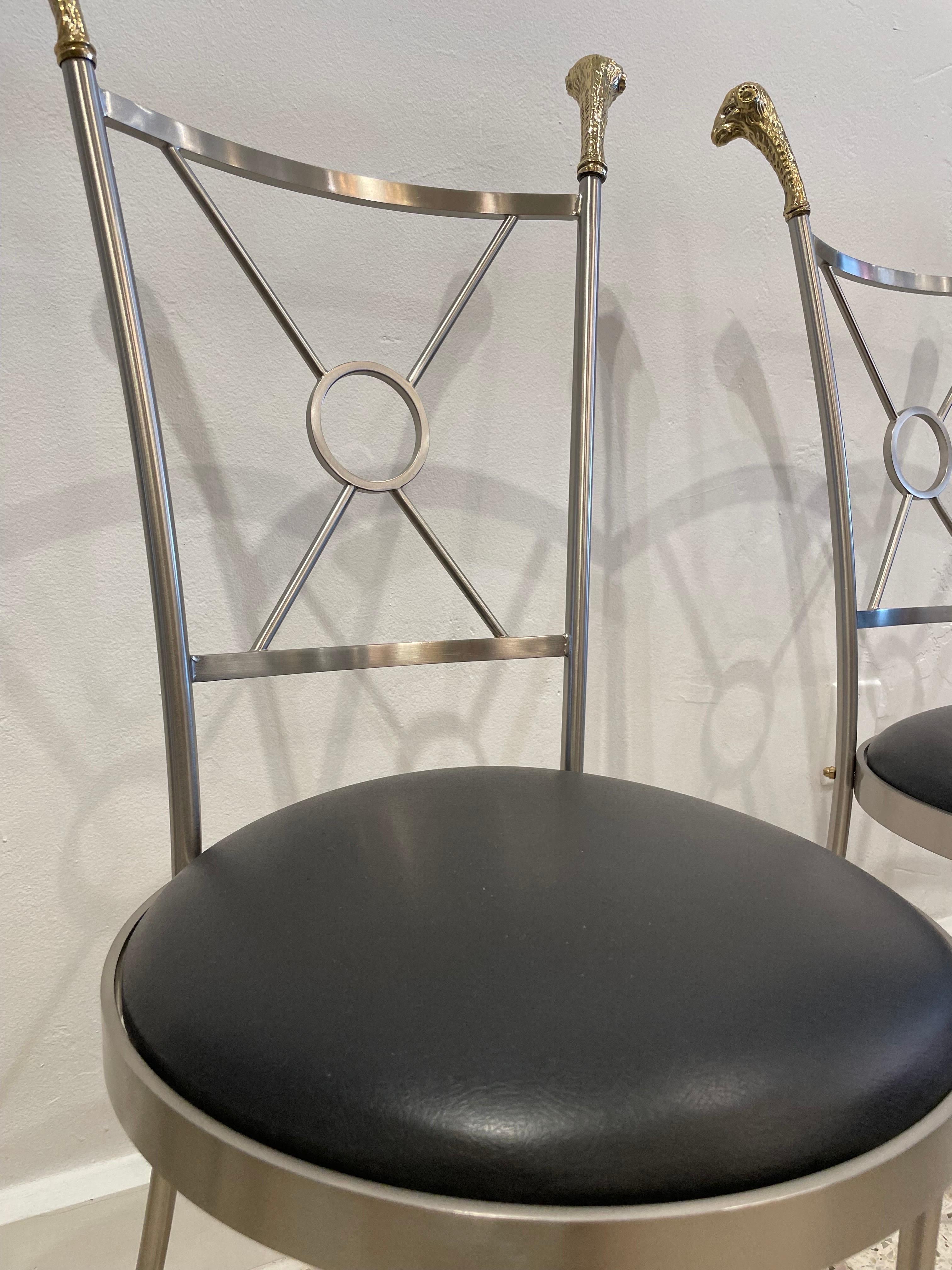 Brushed Pair of Italian Regency Mixed-Metal Rams Head Side Chairs