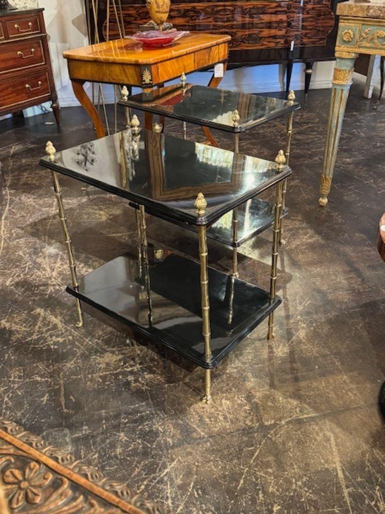 Brass Pair of Italian Regency Style Black Lacquered Tables For Sale