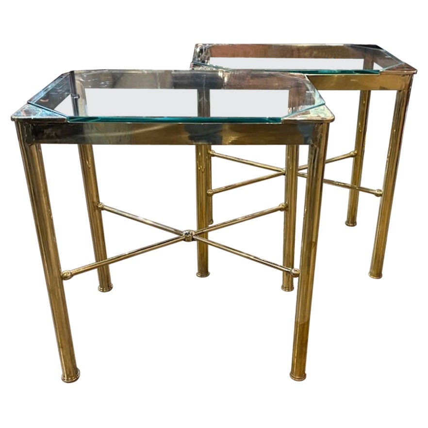 Pair of Italian Regency Style Brass and Glass Side Tables For Sale