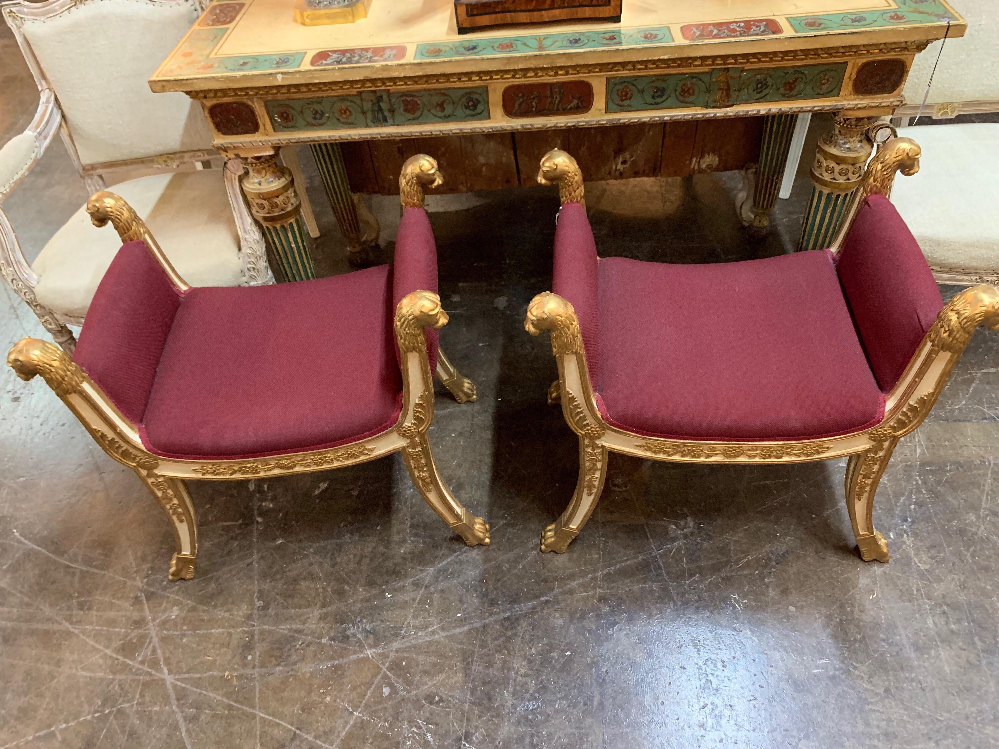 Contemporary Pair of Italian Regency Style Carved and Parcel-Gilt Benches