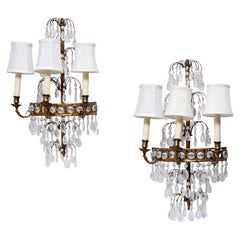 Pair of Italian Regency Style Crystal and Gilt Metal Three-Light Wall Sconces