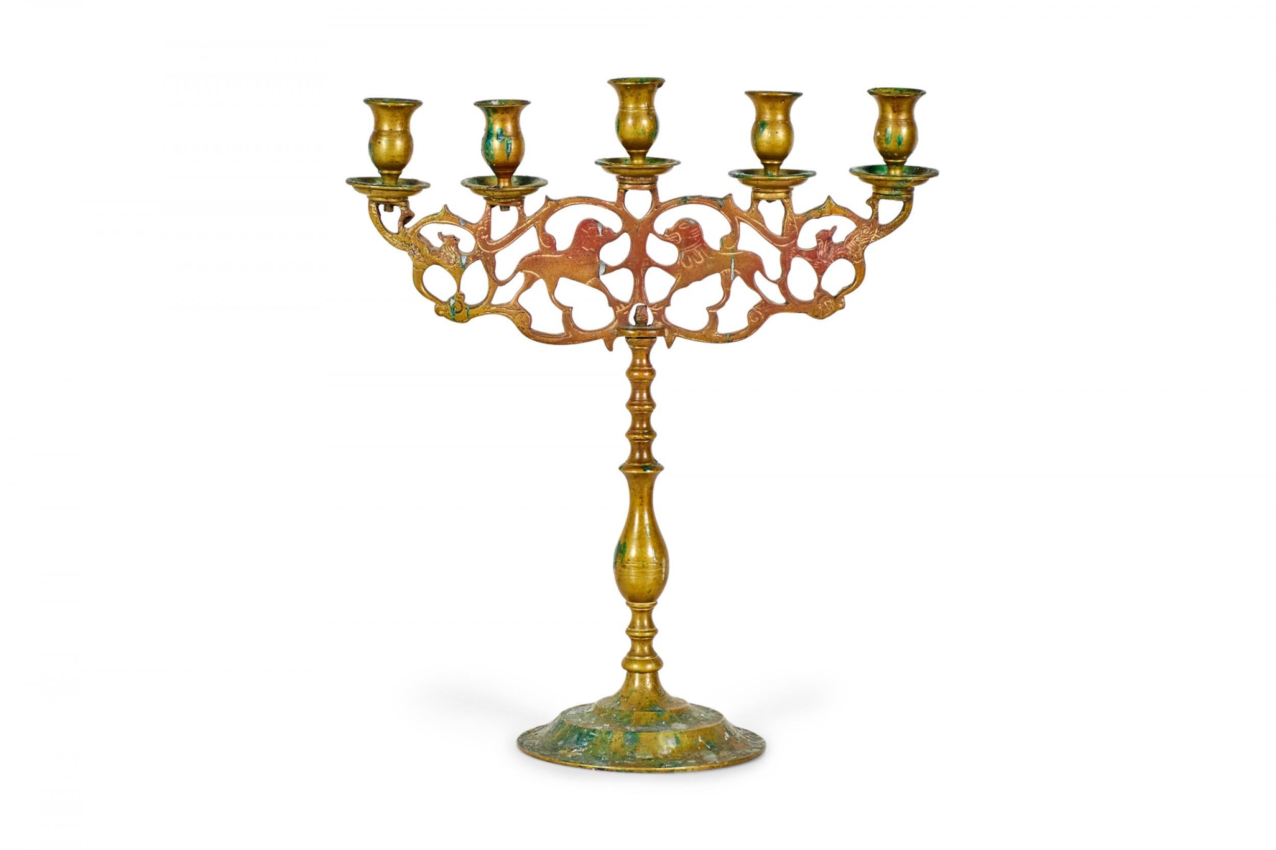PAIR of Italian Renaissance-style (19th Century) bronze 5 arm candelabras with double lion and filigree design. (PRICED AS PAIR)