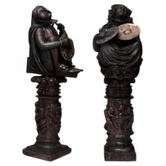 Pair of Italian Renaissance Carved Walnut Musician Statues