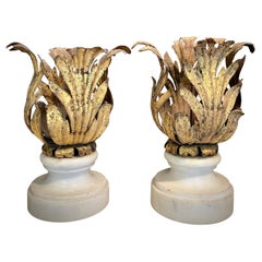 Pair of Italian Renaissance Gilded Iron Candleholders on Carrara Marble Socle