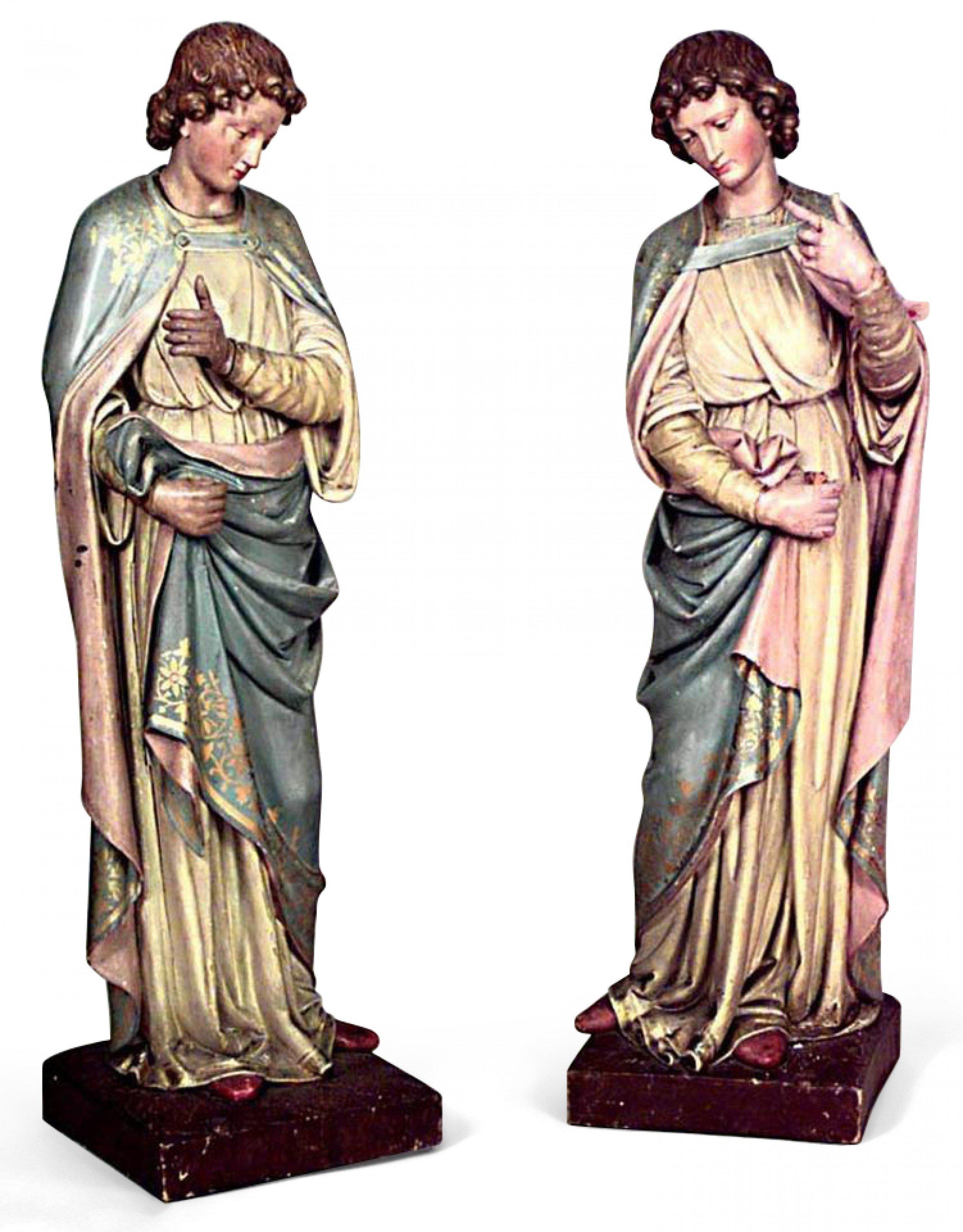 PAIR of Italian Renaissance style polychromed large standing religious figures wearing blue cape (19th Century)