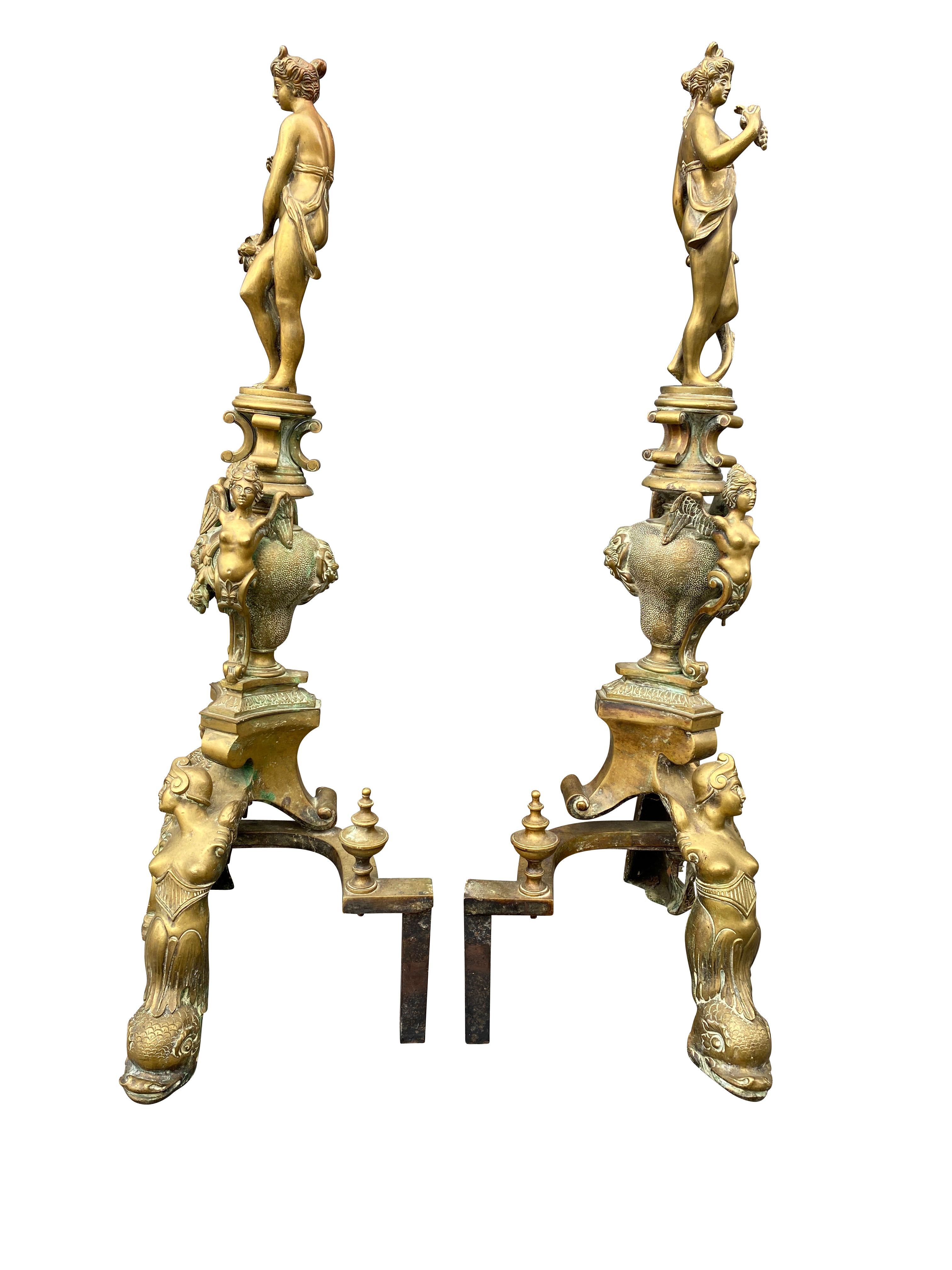 Pair of Italian Renaissance Revival Bronze Andirons In Good Condition For Sale In Essex, MA