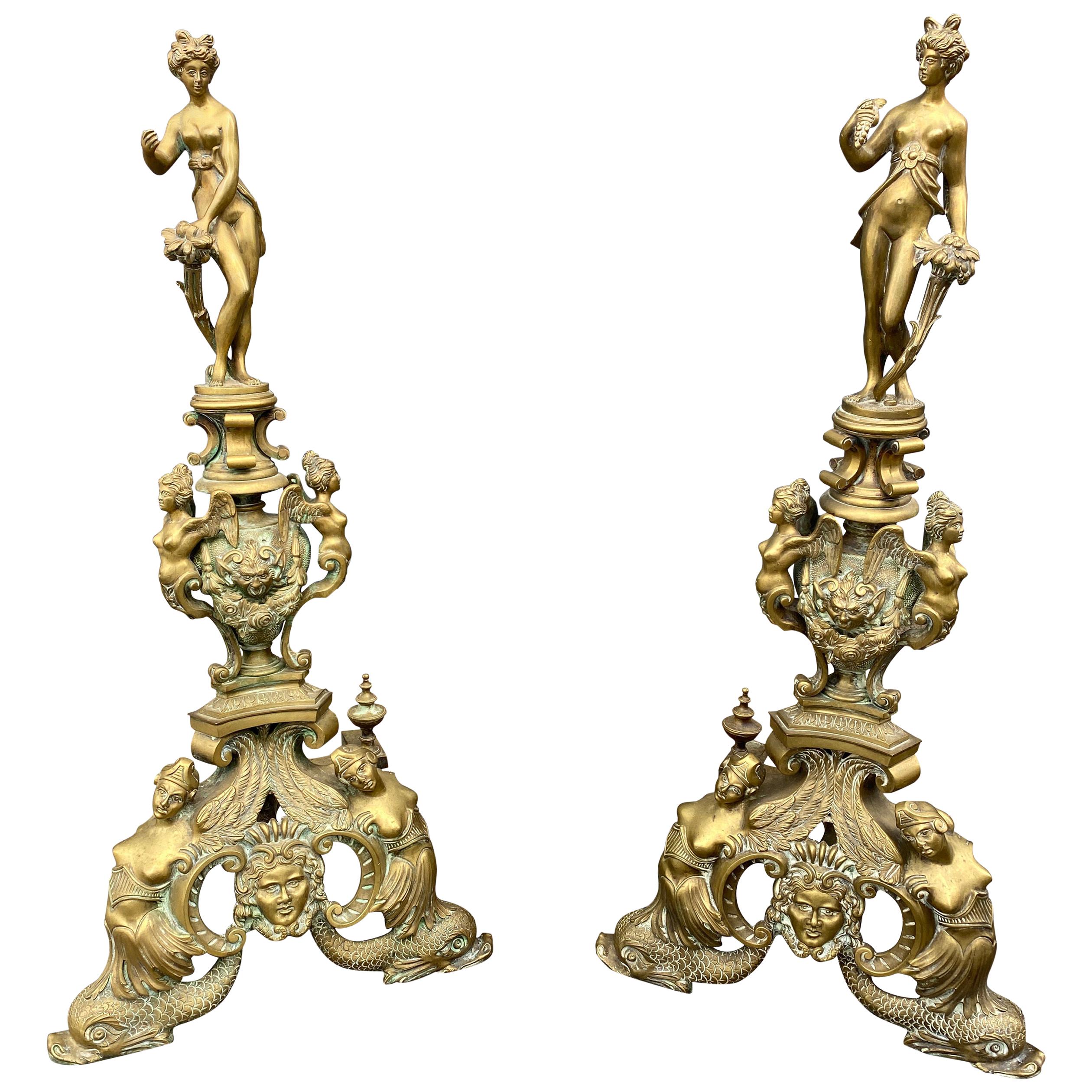 Pair of Italian Renaissance Revival Bronze Andirons For Sale