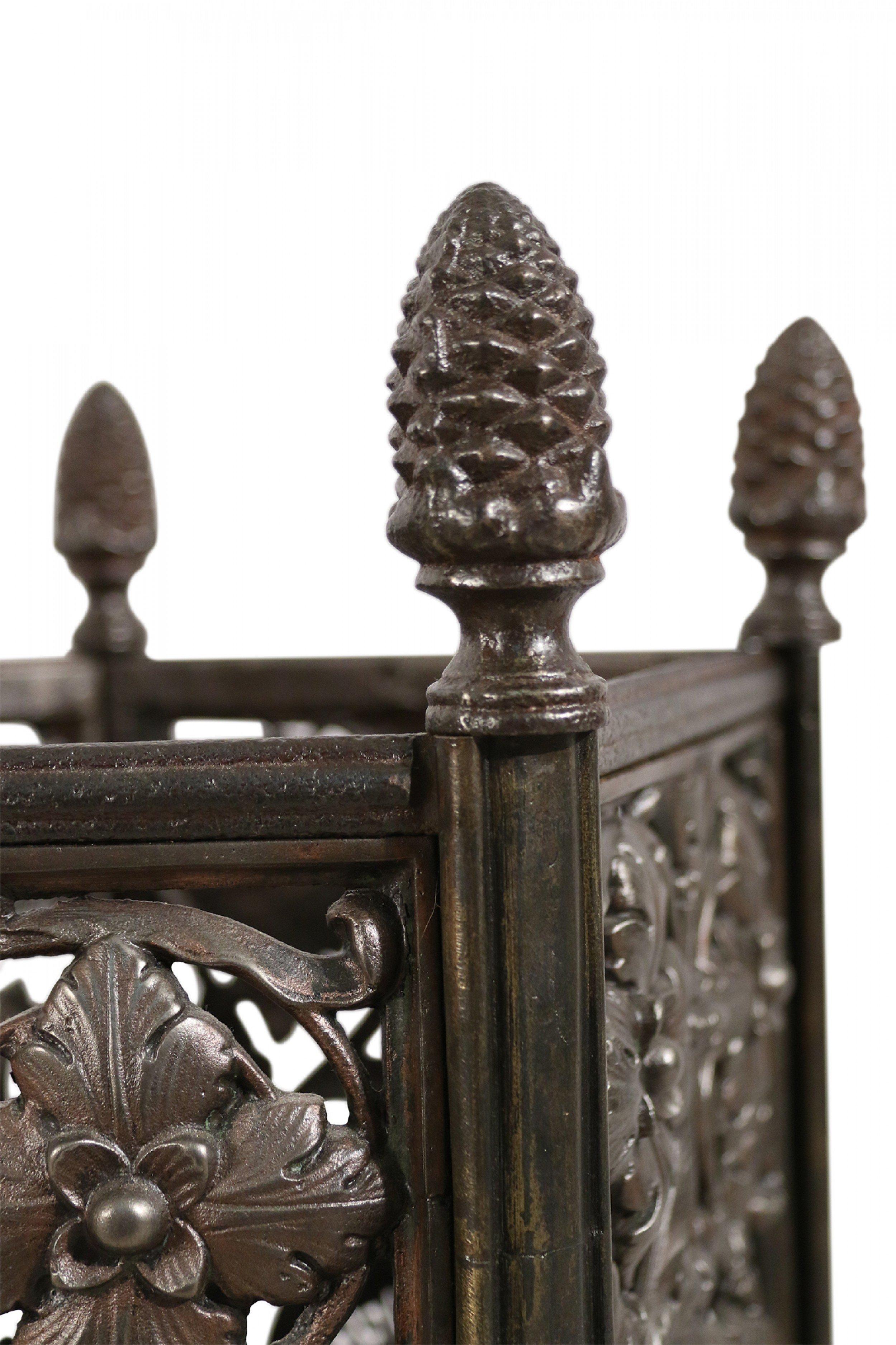 Pair of Italian Renaissance-style (19th Century) floral metal filigree containers / umbrella stands with 5 sides, spherical feet, and mulberry-shaped finials. (Priced as pair).