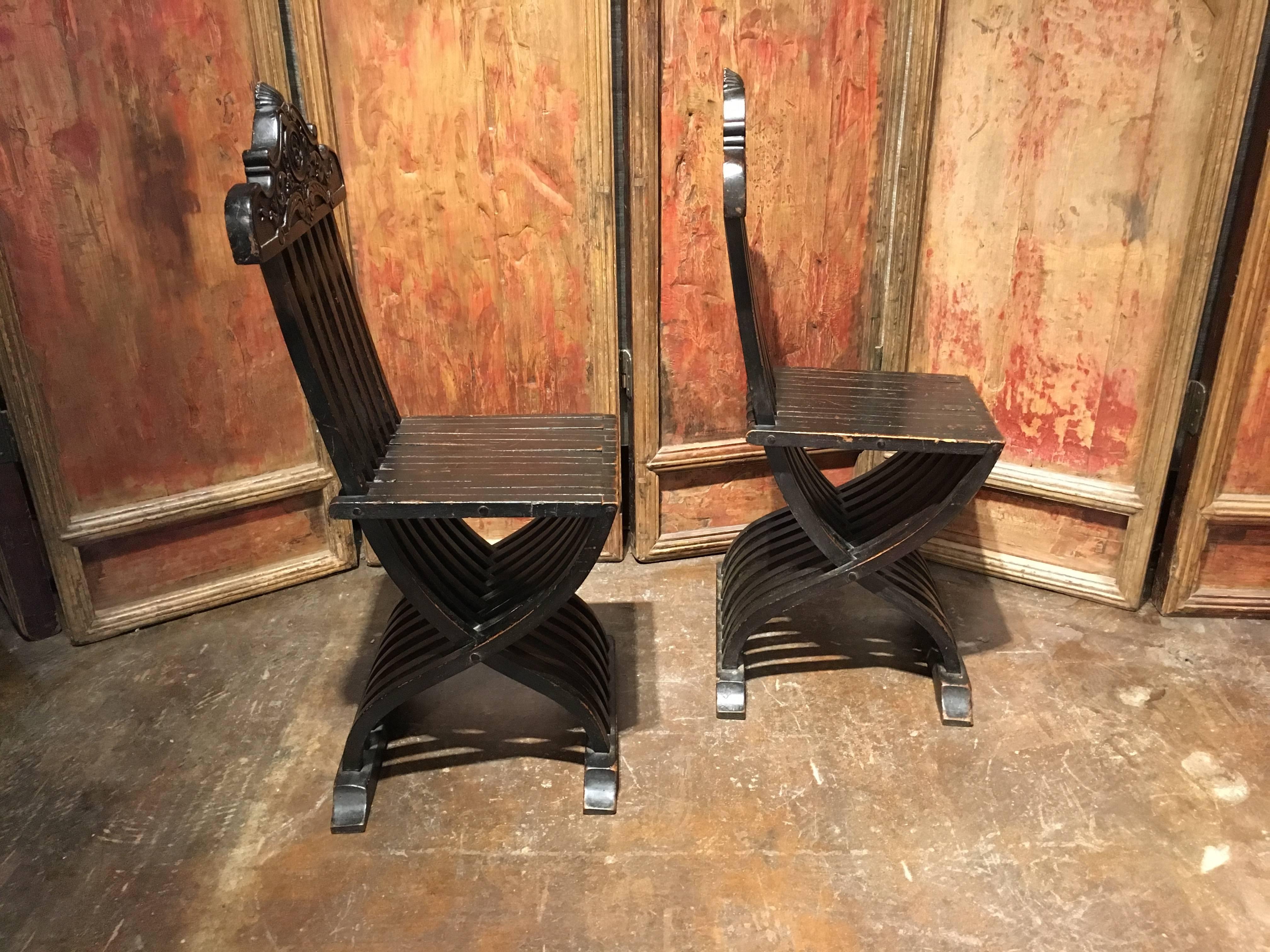 A handsome pair of 19th century Italian ebonized wood chairs. The chairs of alluring shape, with slatted legs and back. The legs of a curvaceous 