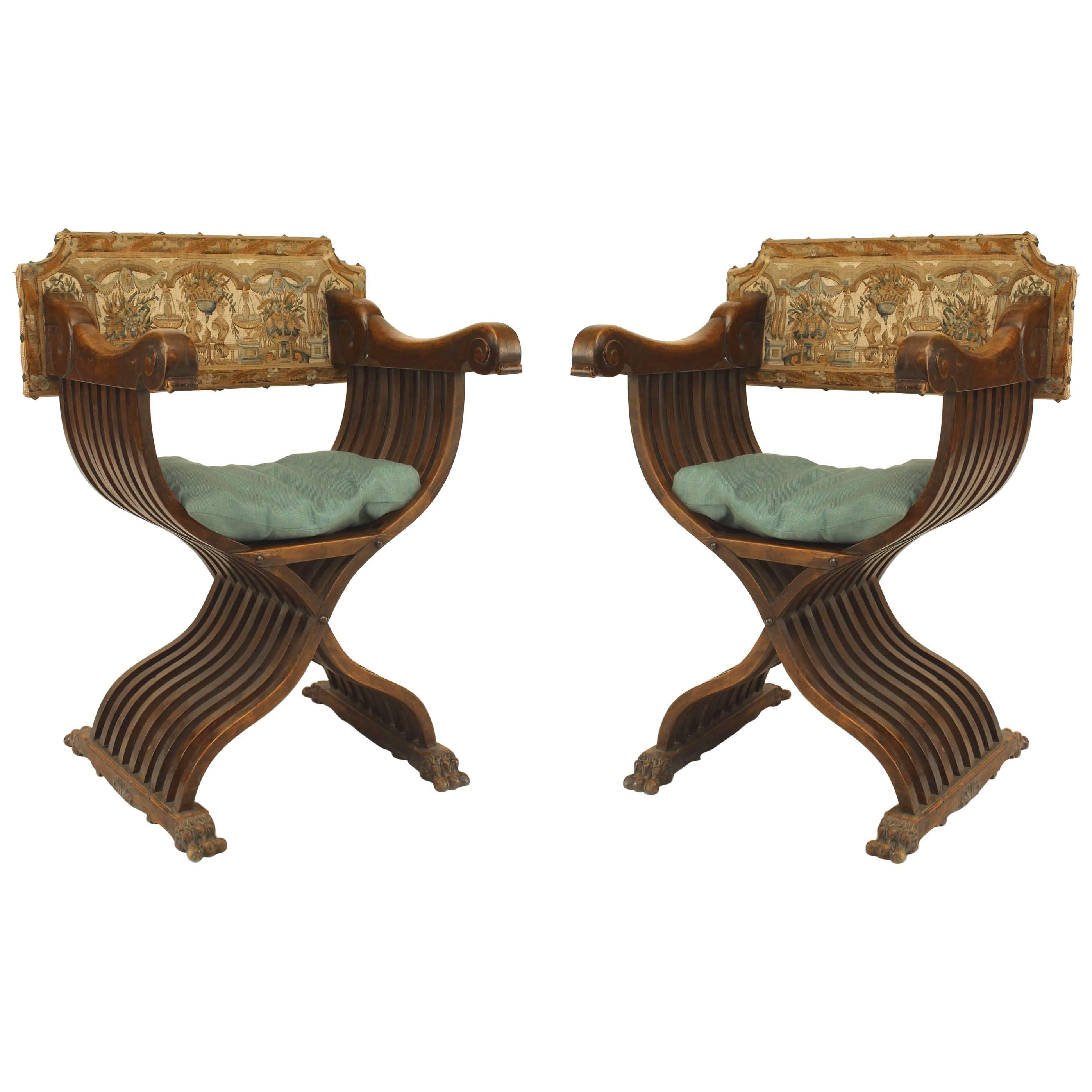 Set of 4 Italian Renaissance Walnut Arm Chairs For Sale