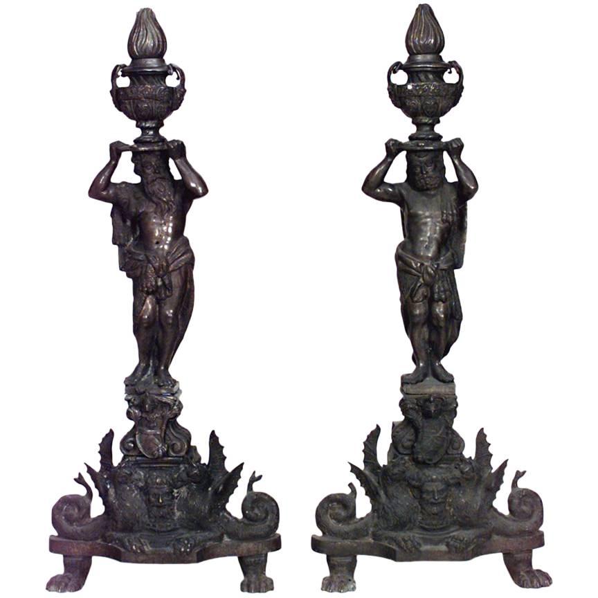 Pair of Renaissance Bronze Figure Andirons For Sale