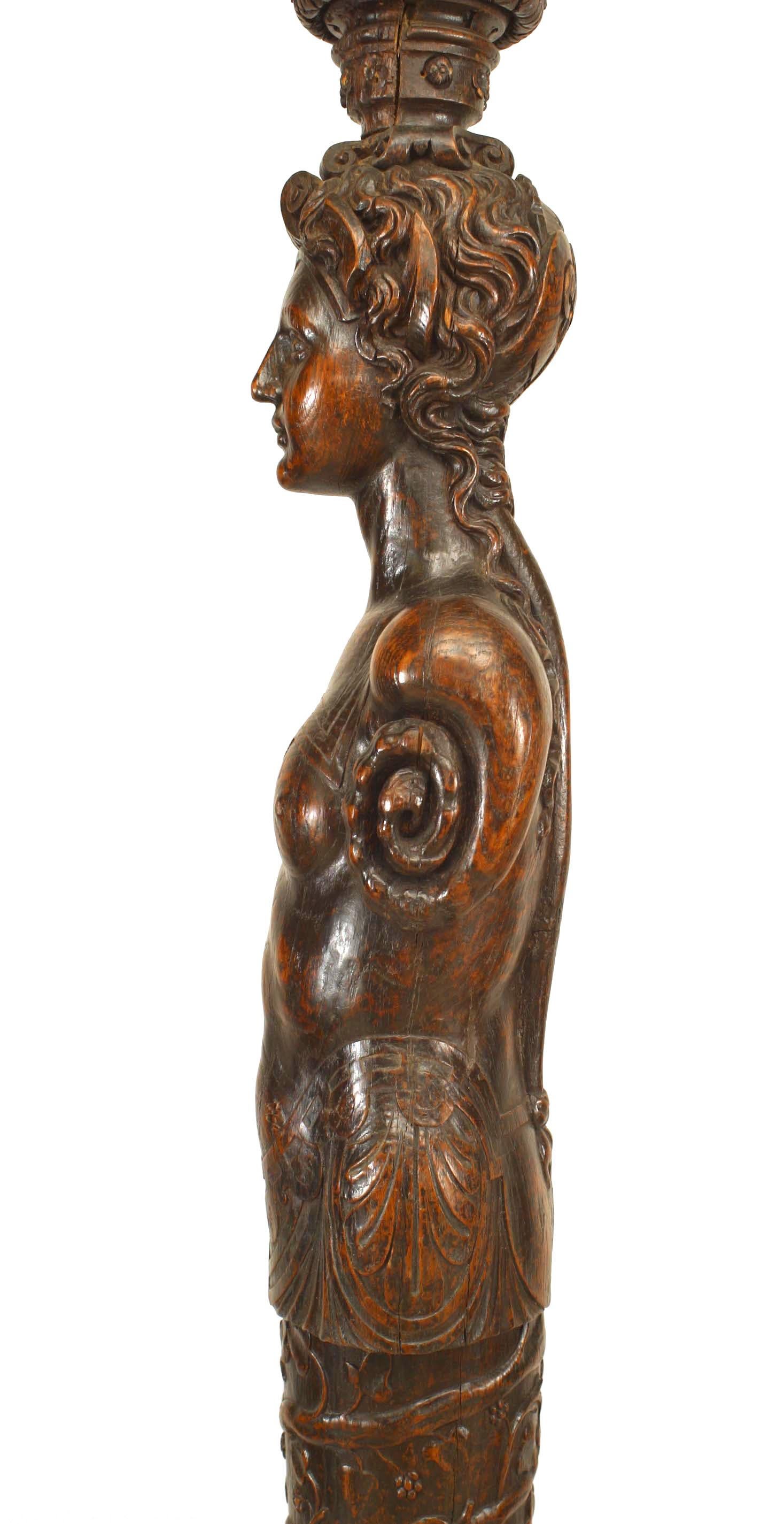 19th Century Pair of Italian Renaissance Oak Pedestal Figures For Sale