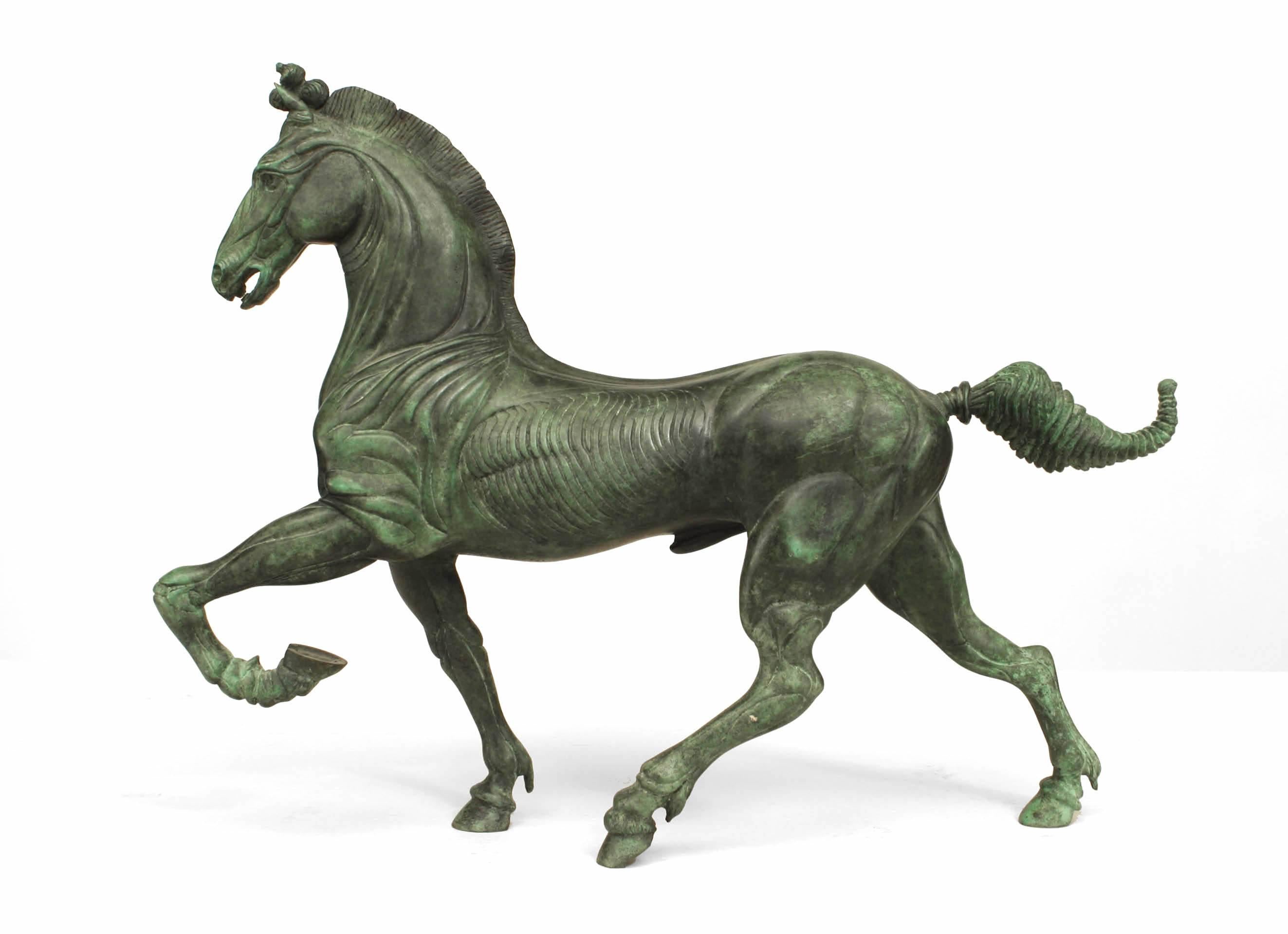 Pair of Italian Renaissance style green patinated bronze figure of horse walking (from a series of 1,000 titled: 