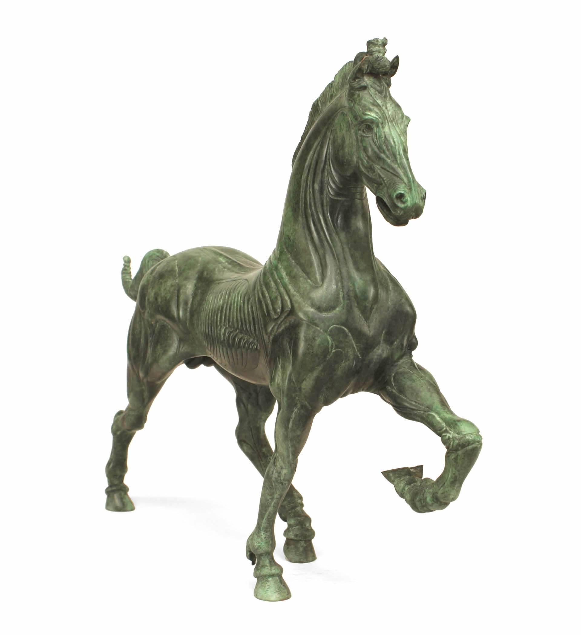 Renaissance Pair of Green Patinated Bronze Horses For Sale