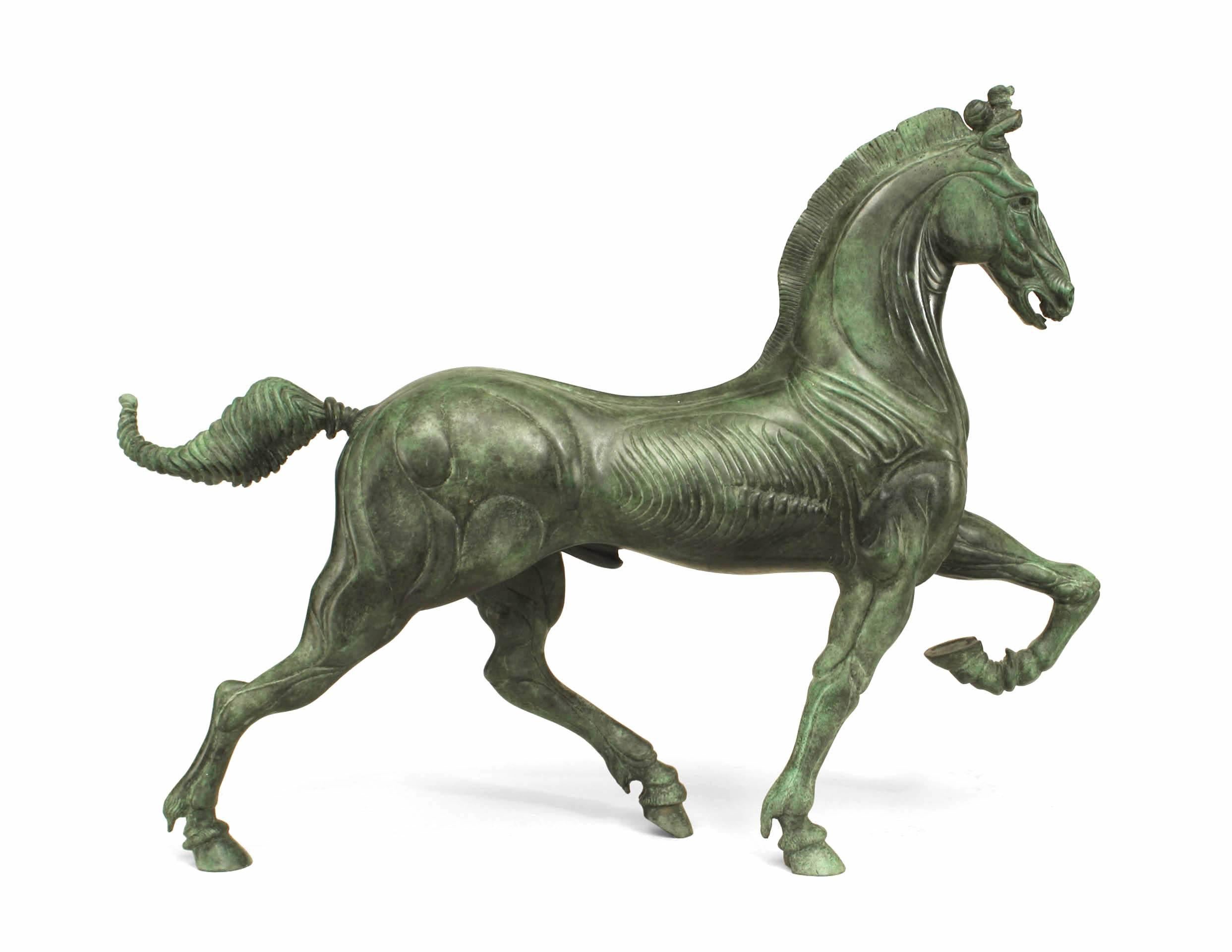 Italian Pair of Green Patinated Bronze Horses For Sale
