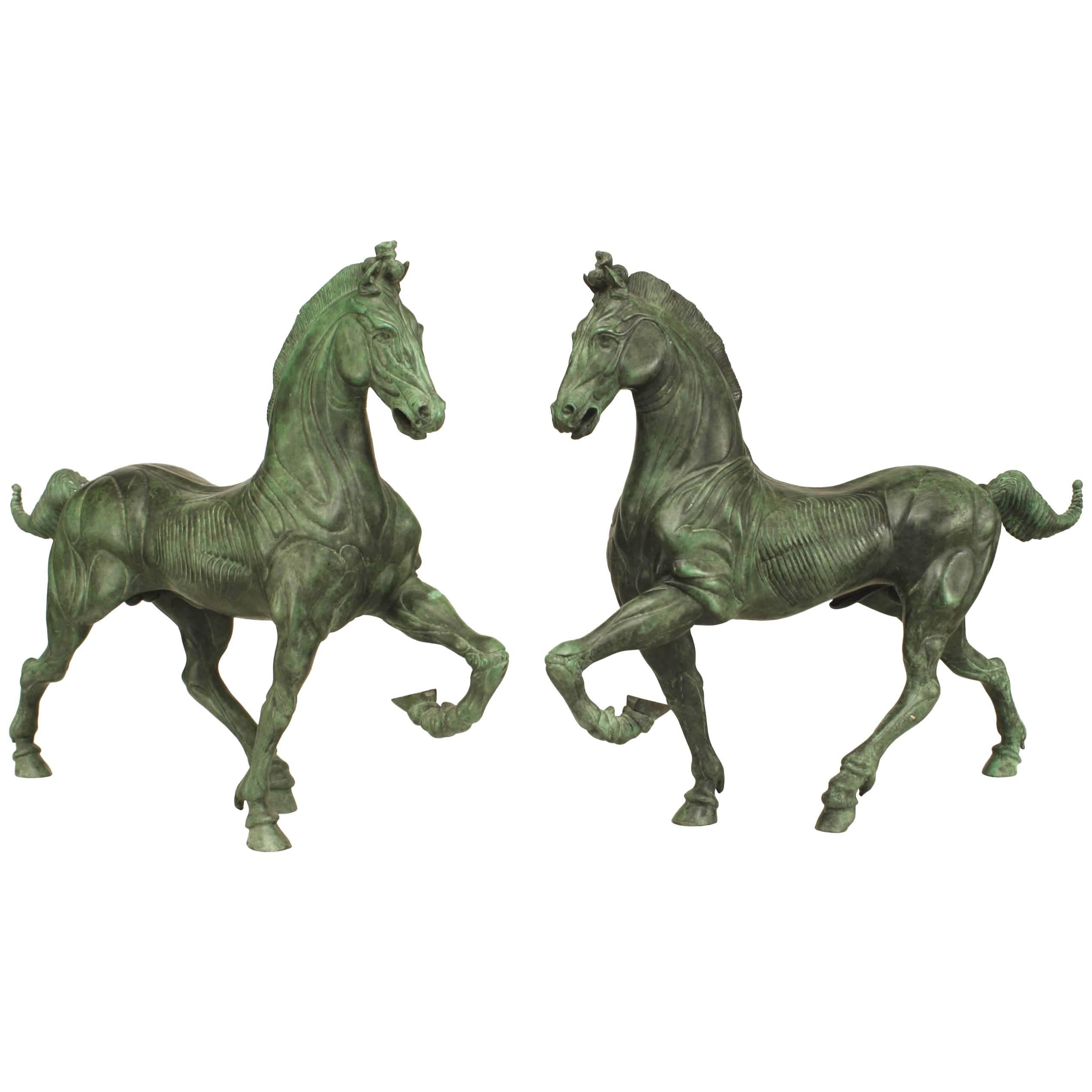 Pair of Green Patinated Bronze Horses For Sale