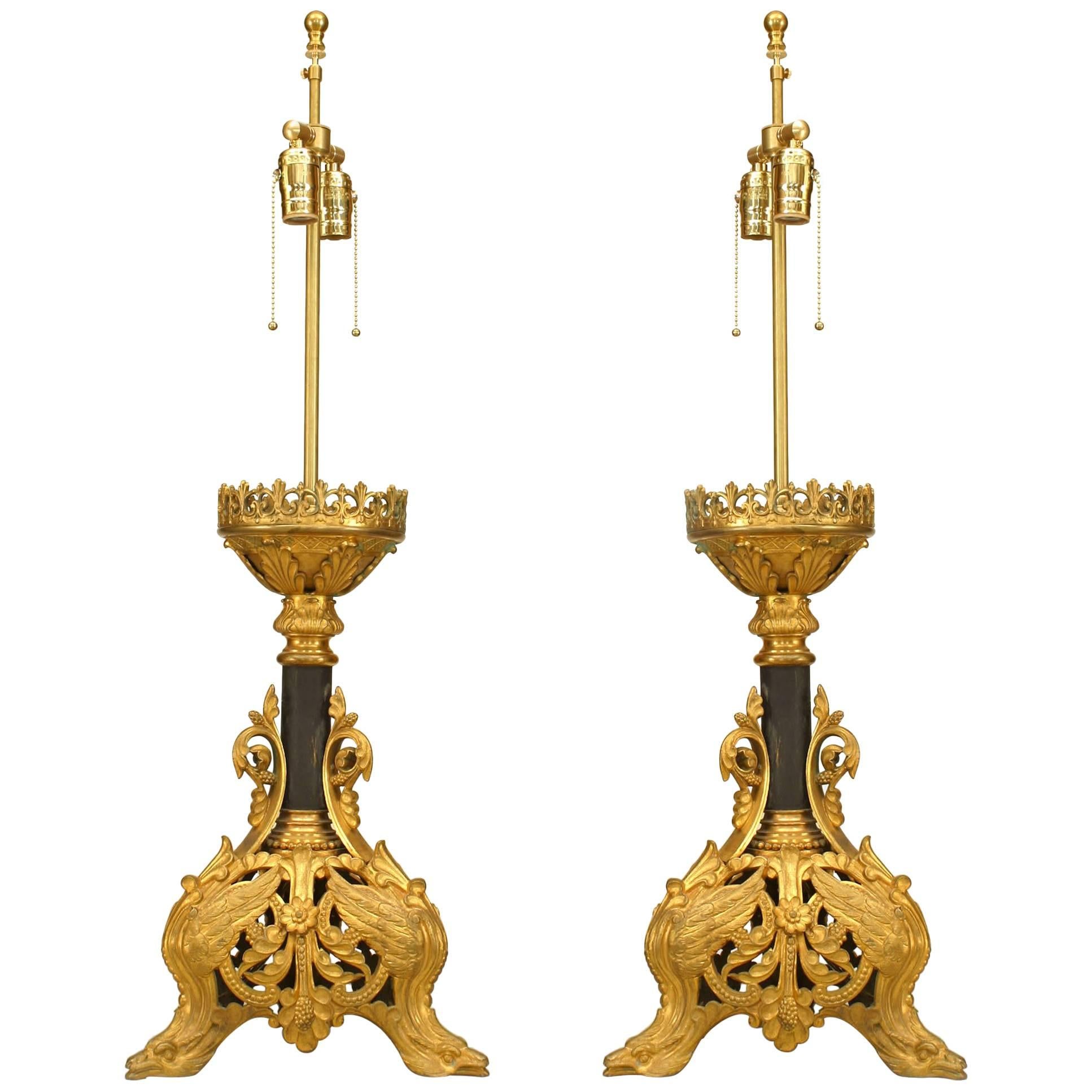 Pair of Italian Renaissance Style Gilt Bronze Filigree Table Lamps