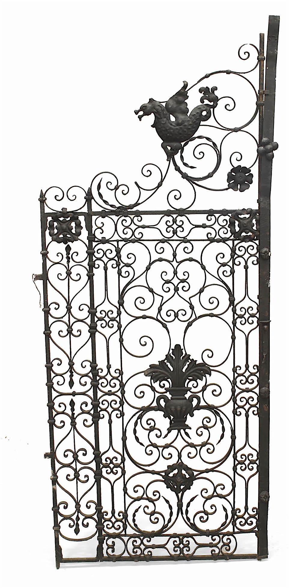 Pair of Italian Renaissance style (19th Century) black painted iron scroll design gates with serpents (PRICED AS Pair).
