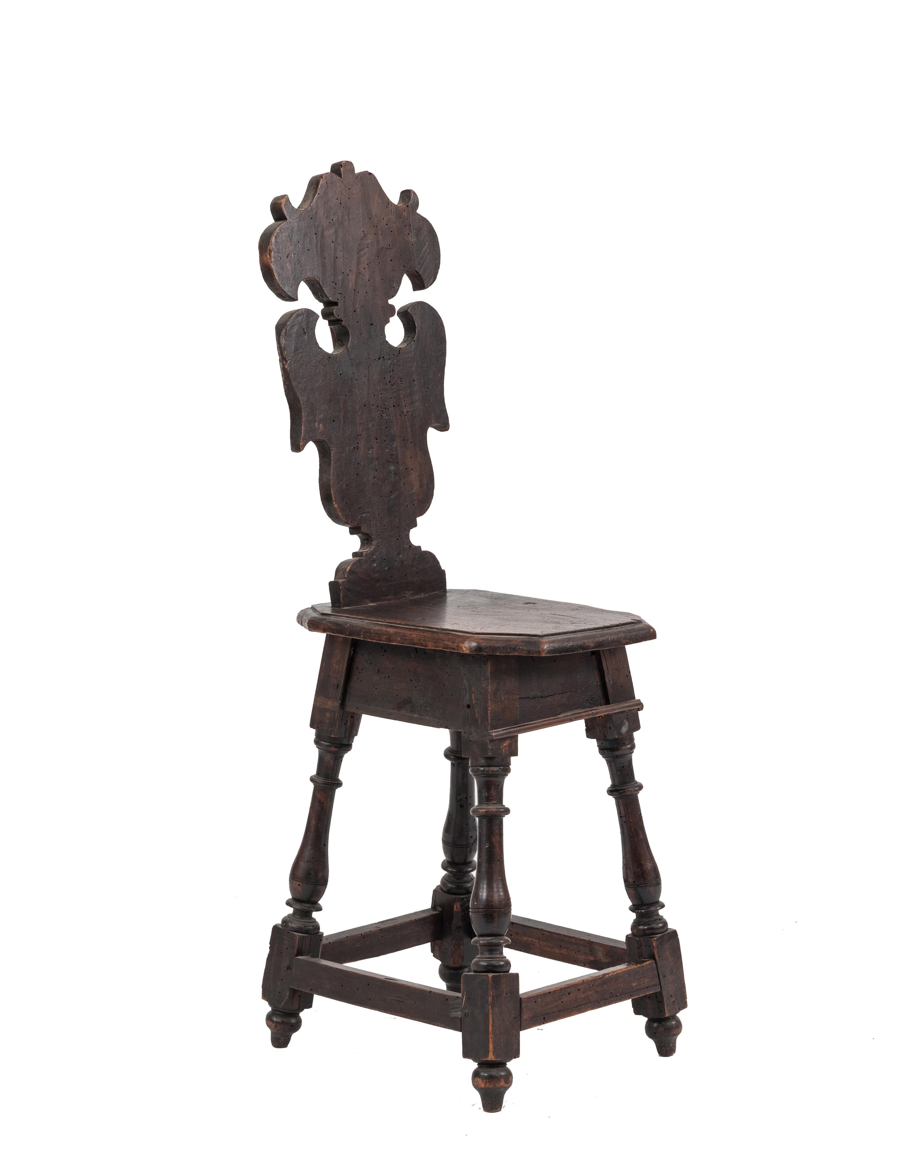 Pair of Italian Renaissance style (17th Cent) walnut Sgabelli with 4 turned legs and stretcher.
