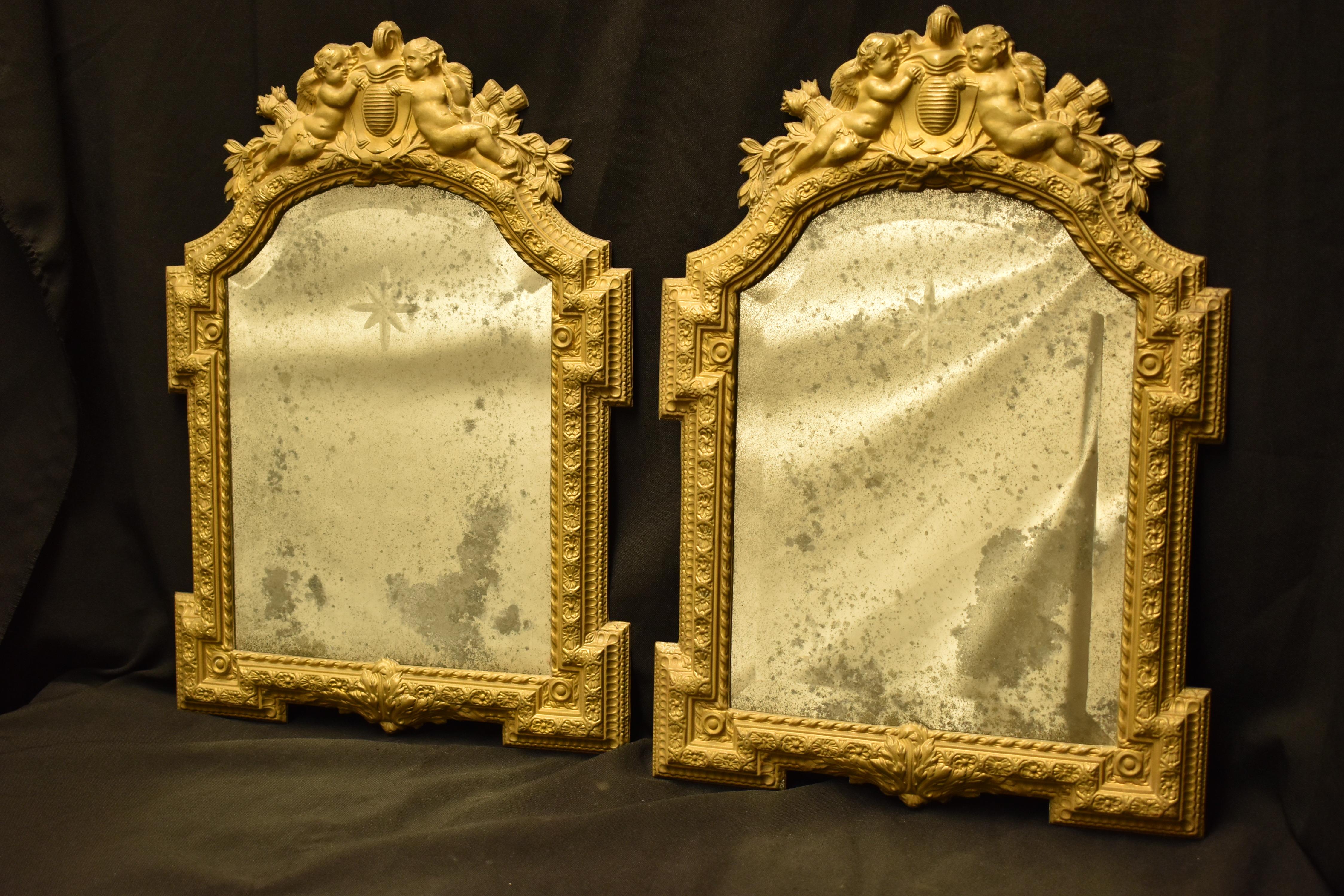 Hand-Crafted Pair of Italian Repousse Brass Mirrors