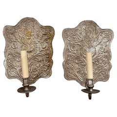 Pair of Italian Repoussé Silver Plated Sconces