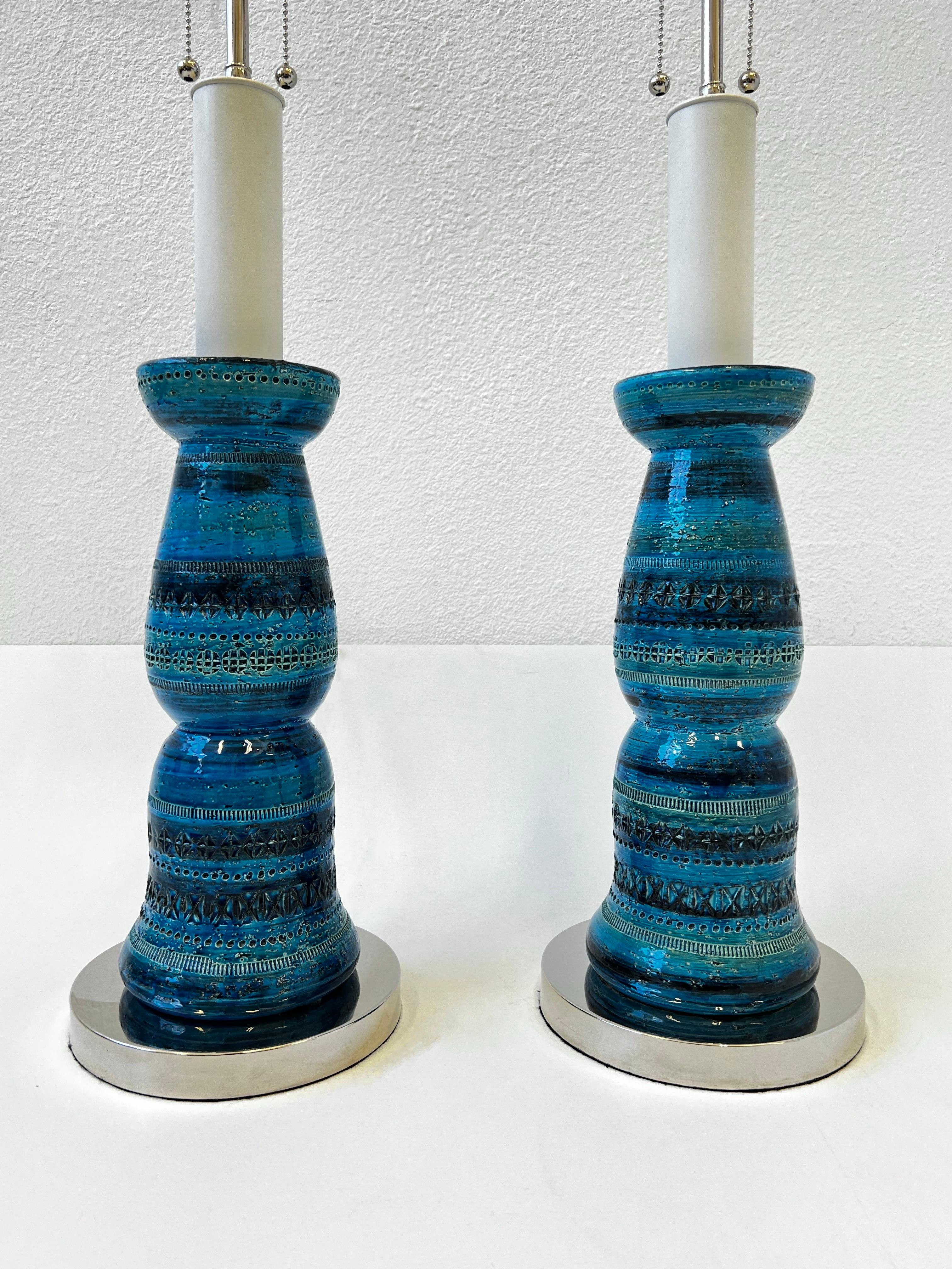 Mid-Century Modern Pair of Italian “Rimini Blue” Bitossi Table Lamps by Aldo Londi For Sale