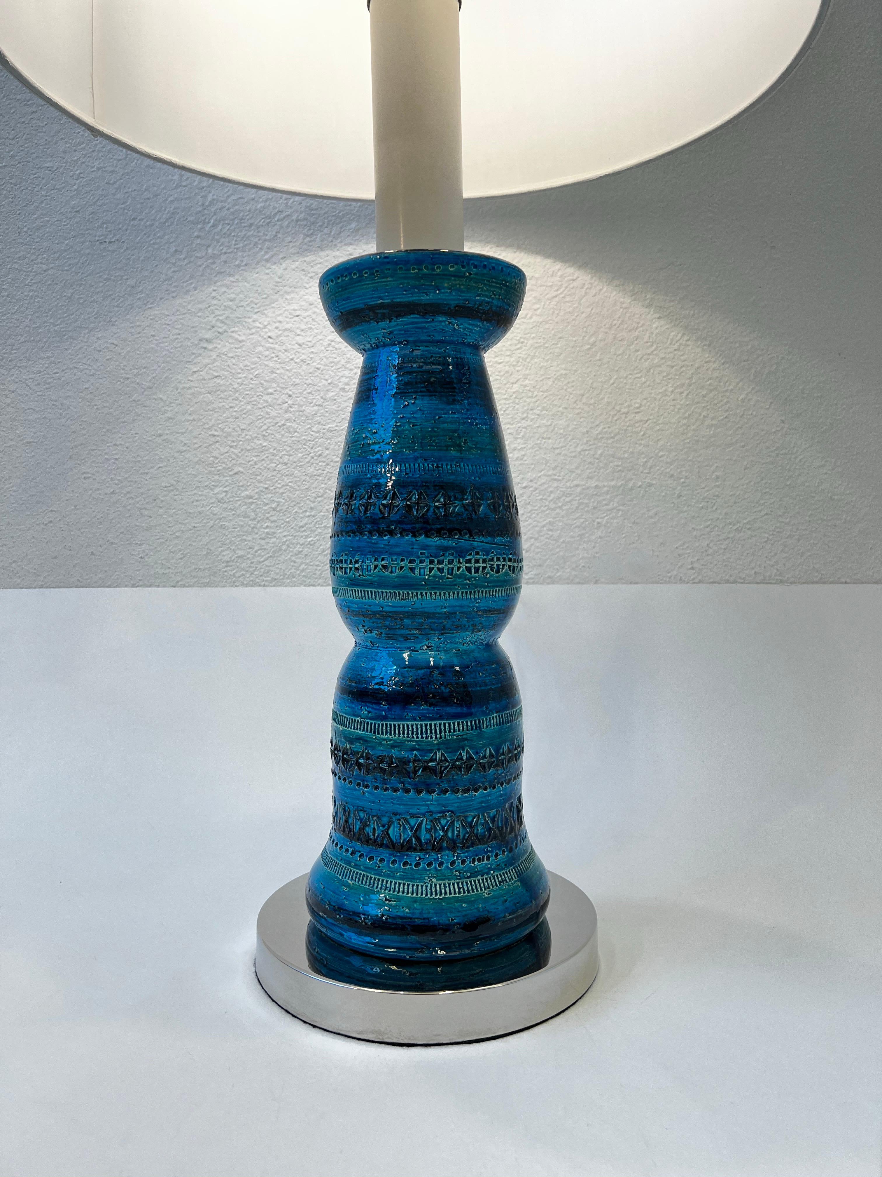 Polished Pair of Italian “Rimini Blue” Bitossi Table Lamps by Aldo Londi For Sale
