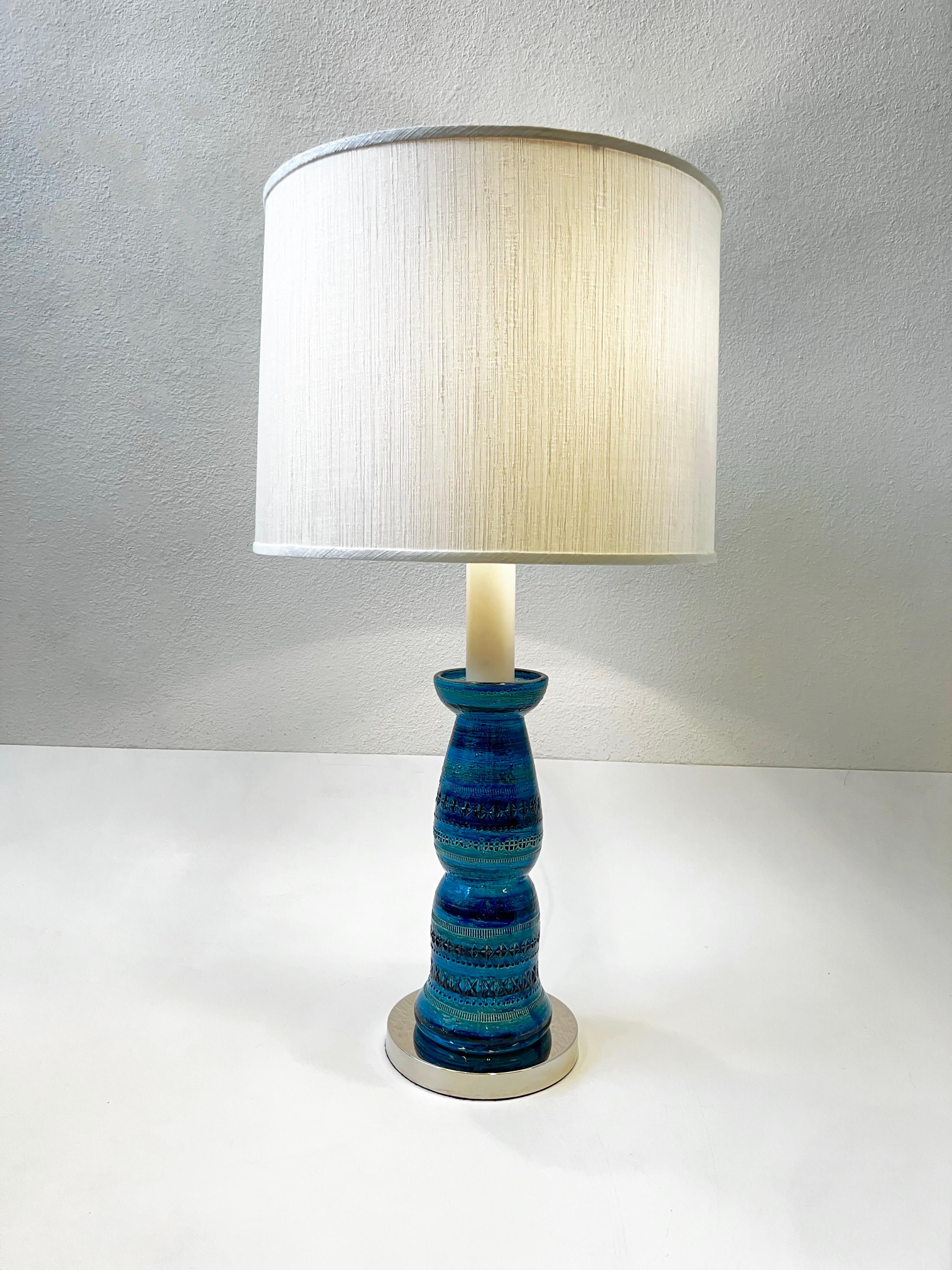 Mid-20th Century Pair of Italian “Rimini Blue” Bitossi Table Lamps by Aldo Londi For Sale